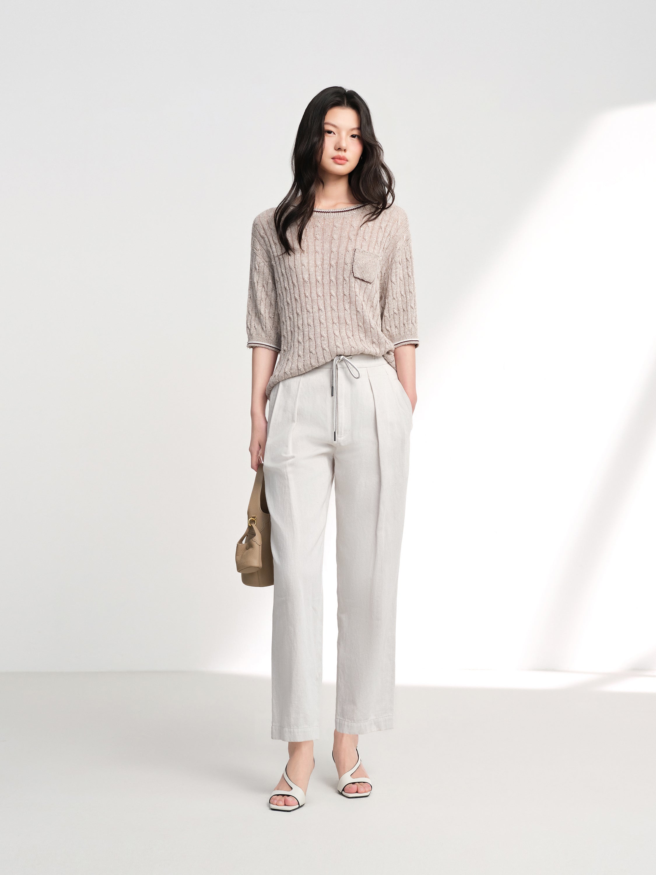 EP YAYING Cotton Linen Washed Denim-Style Tapered Slim Ankle Pants