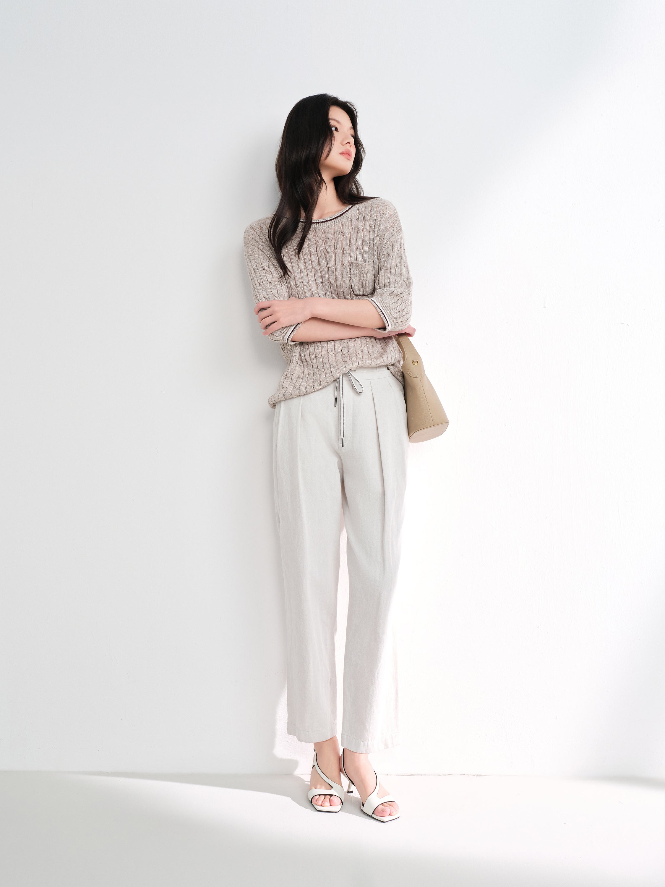 EP YAYING Cotton Linen Washed Denim-Style Tapered Slim Ankle Pants