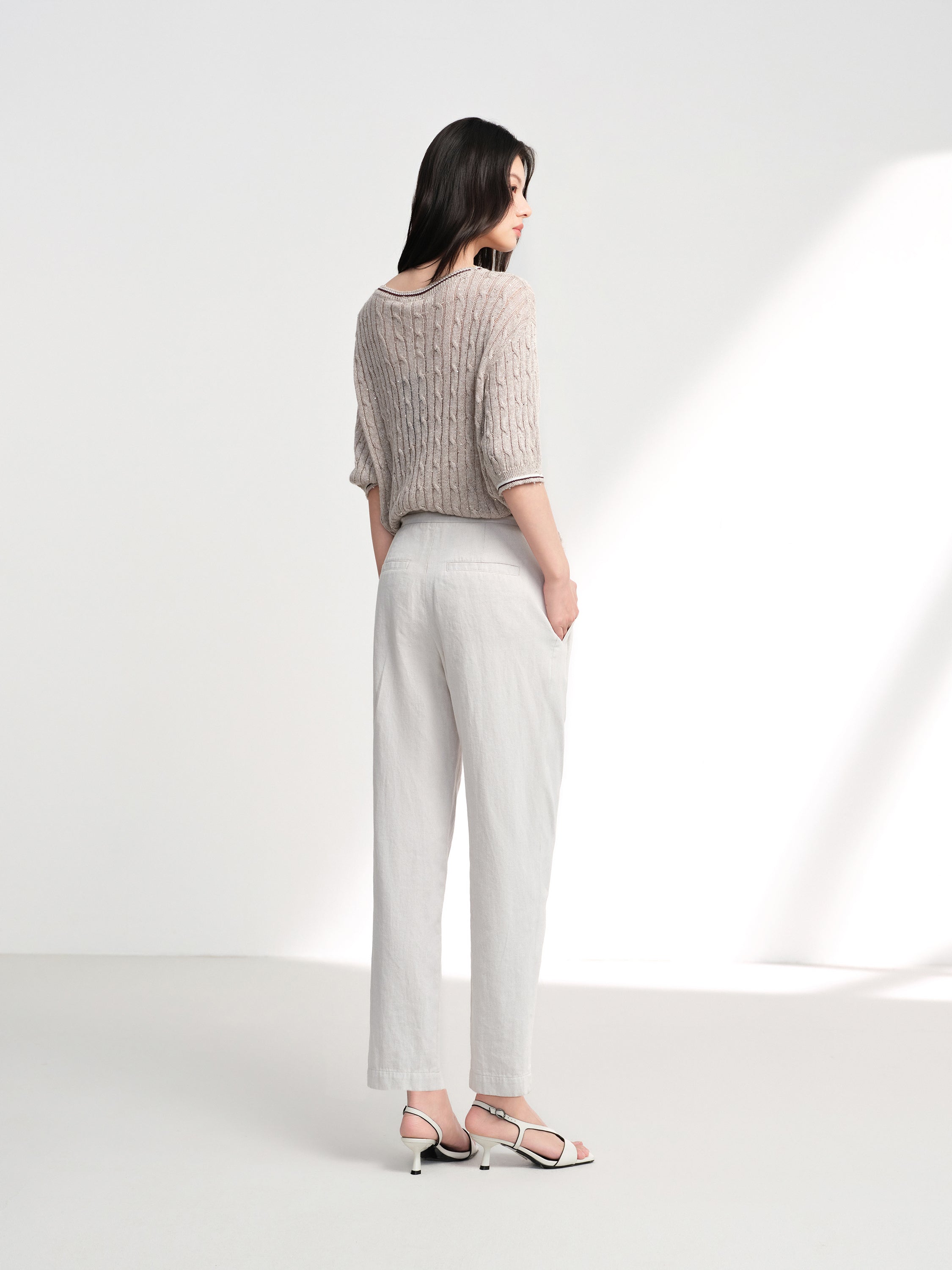 EP YAYING Cotton Linen Washed Denim-Style Tapered Slim Ankle Pants