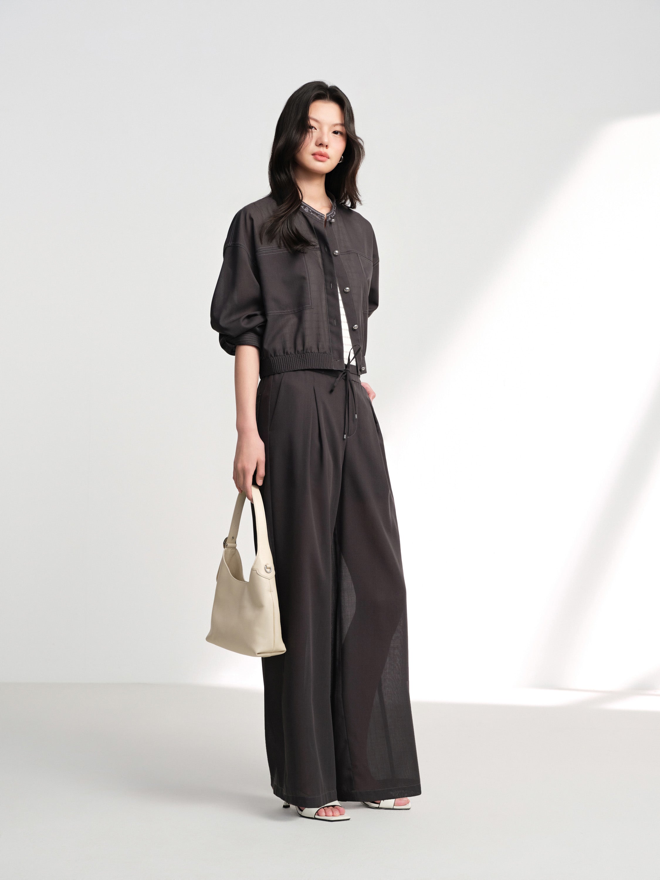 EP YAYING Lightweight Wool Relaxed Wide-Leg Pants in Deep Gray