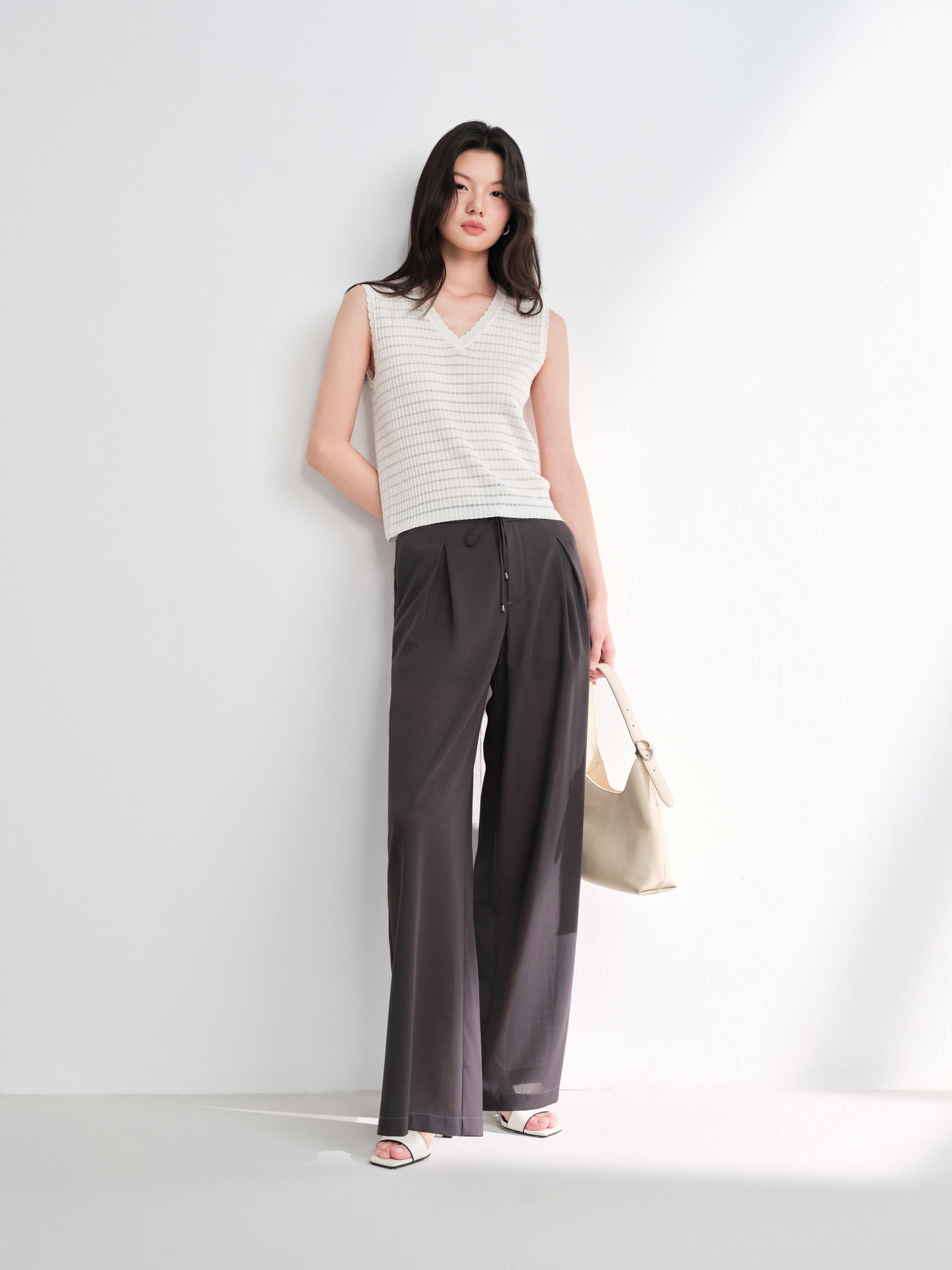 EP YAYING Lightweight Wool Relaxed Wide-Leg Pants in Deep Gray