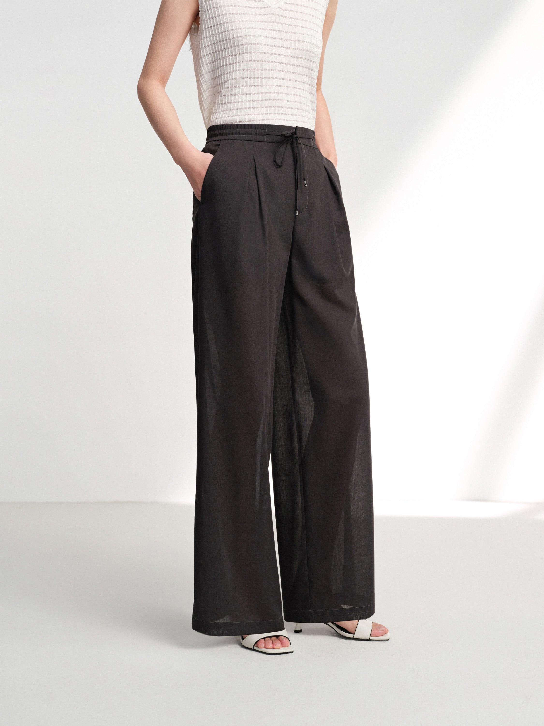 EP YAYING Lightweight Wool Relaxed Wide-Leg Pants in Deep Gray