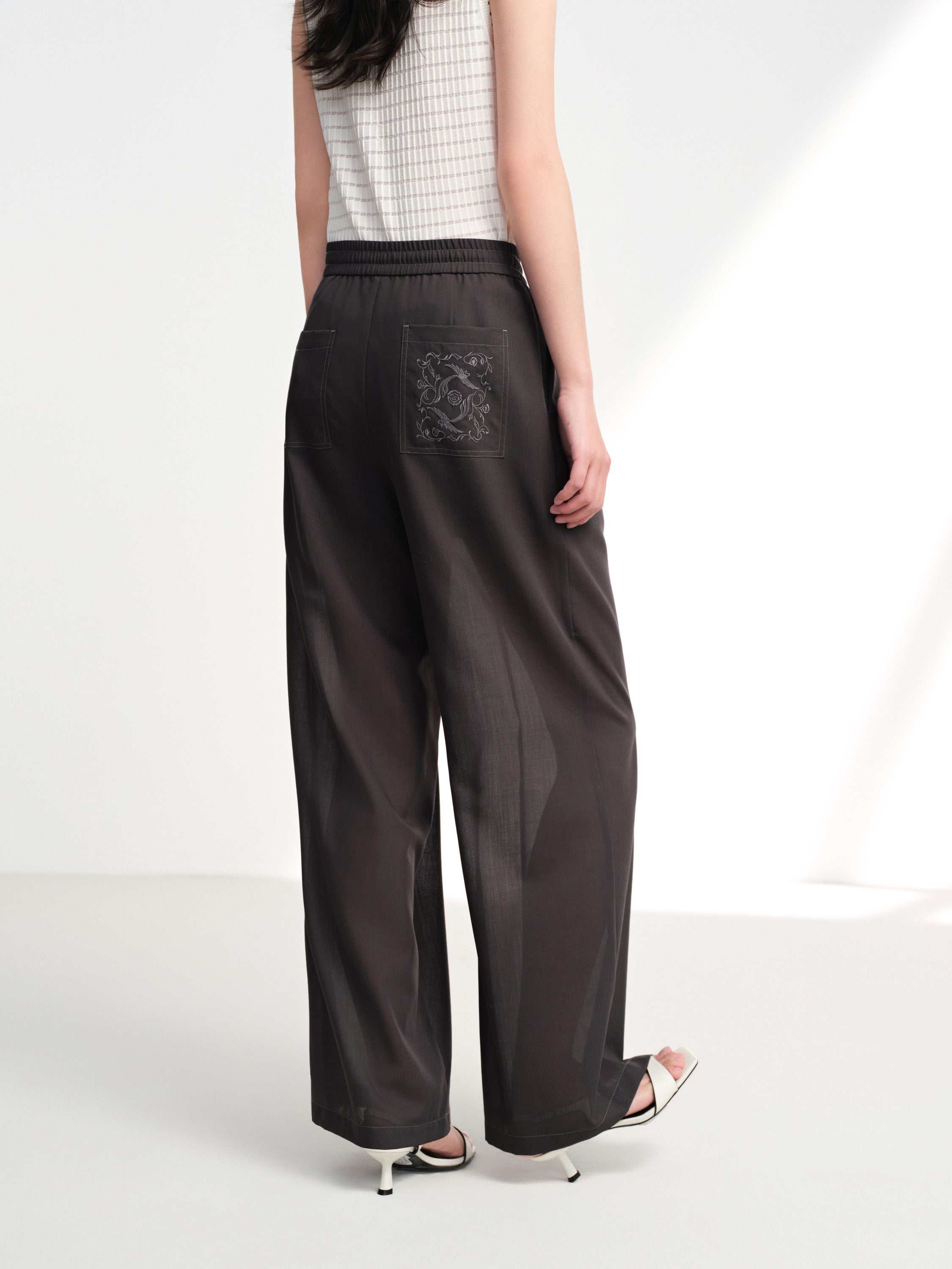EP YAYING Lightweight Wool Relaxed Wide-Leg Pants in Deep Gray