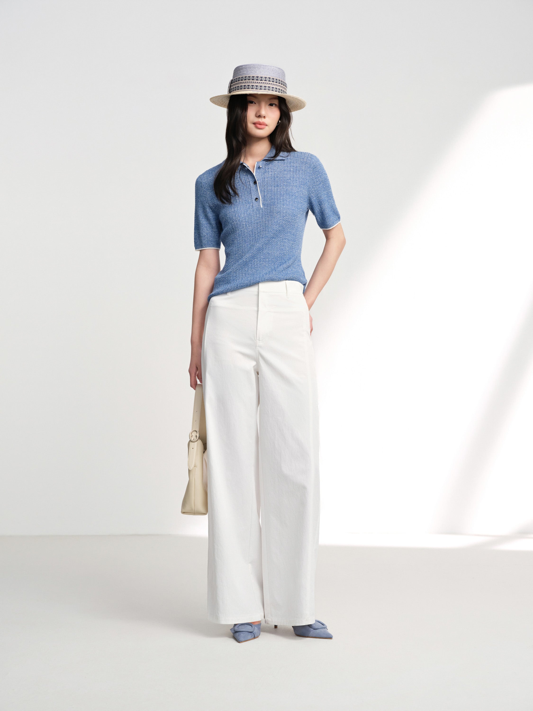 EP YAYING Linen Wool Blend Knit Polo Shirt