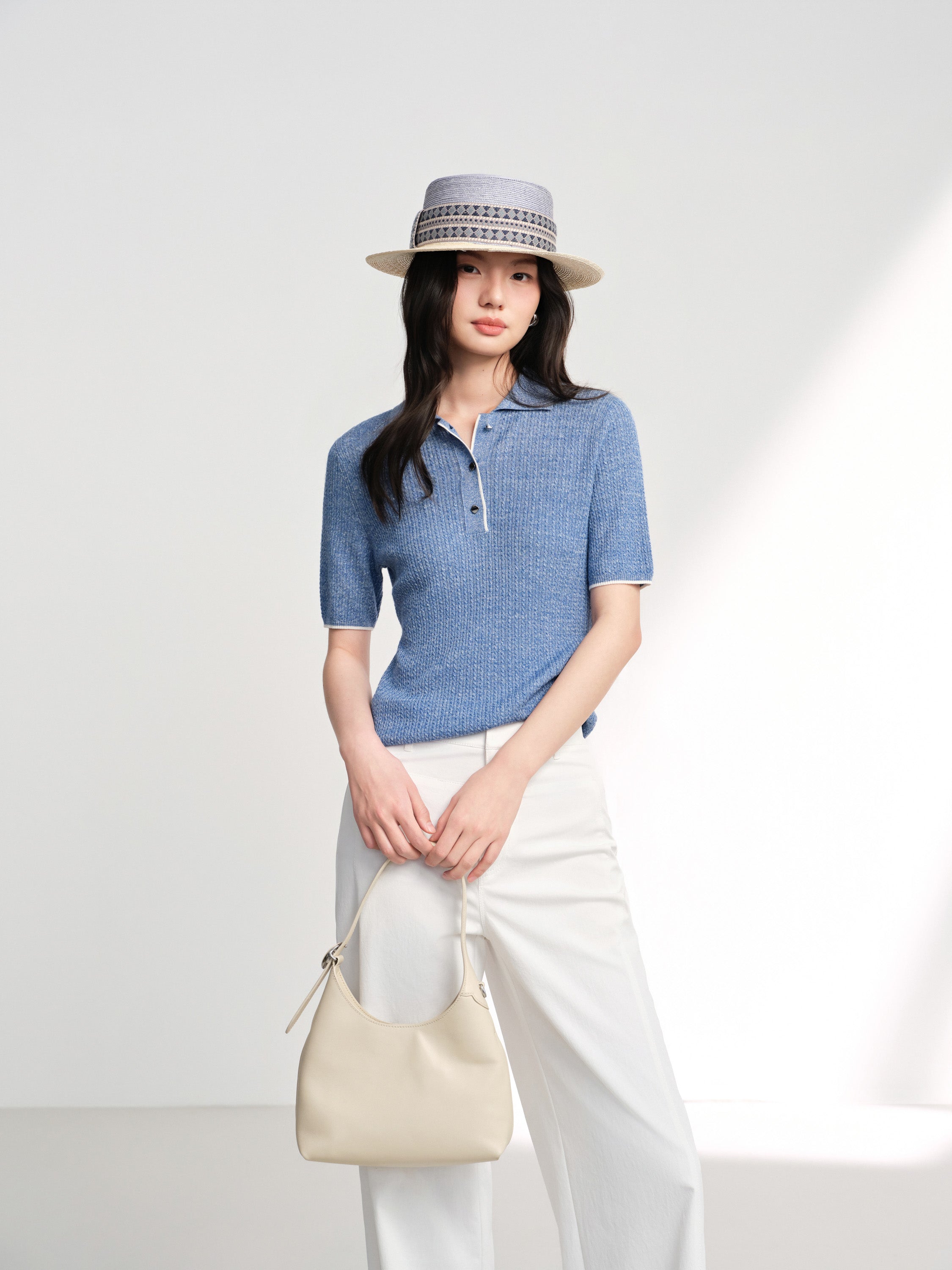 EP YAYING Linen Wool Blend Knit Polo Shirt