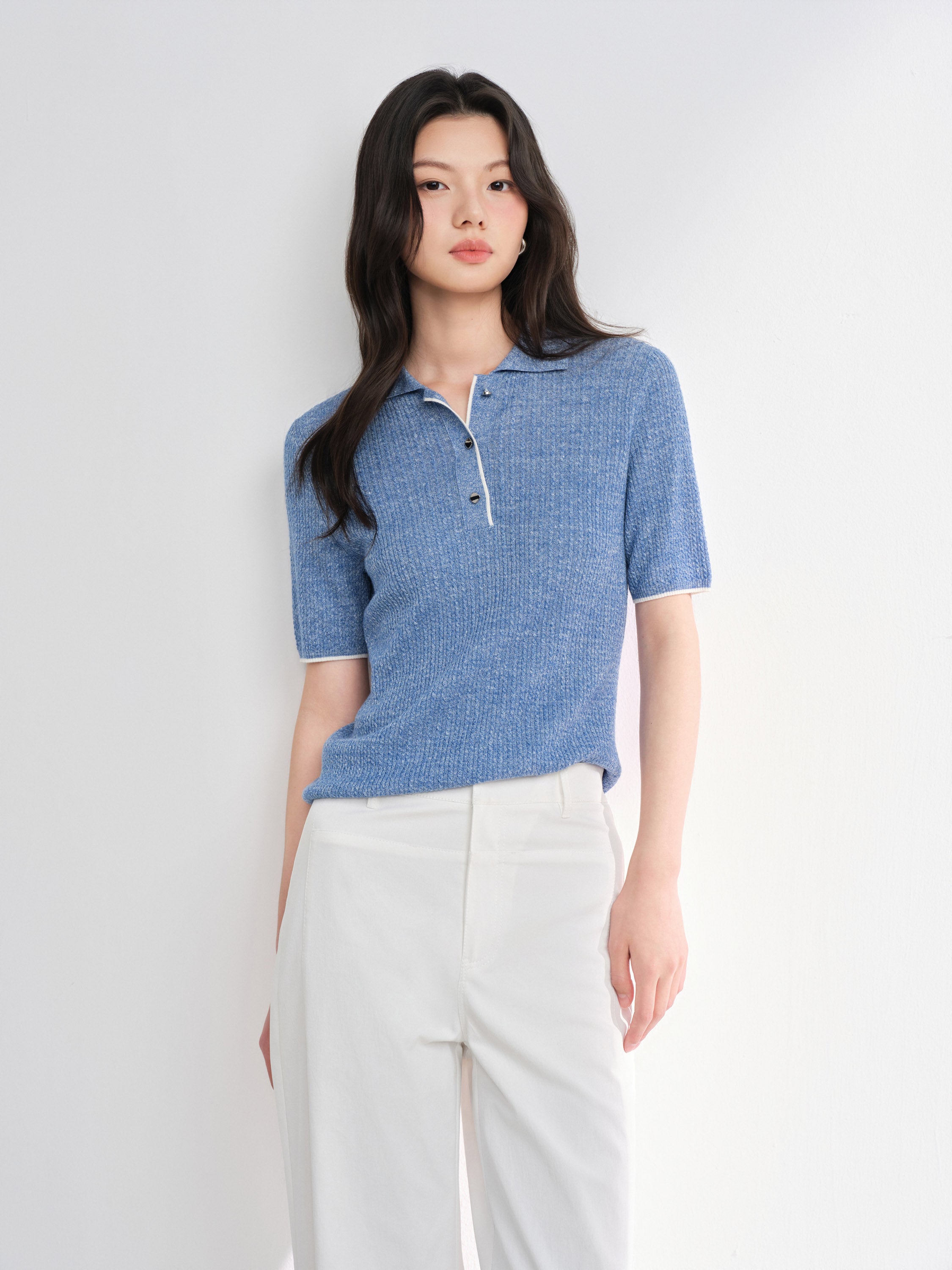 EP YAYING Linen Wool Blend Knit Polo Shirt