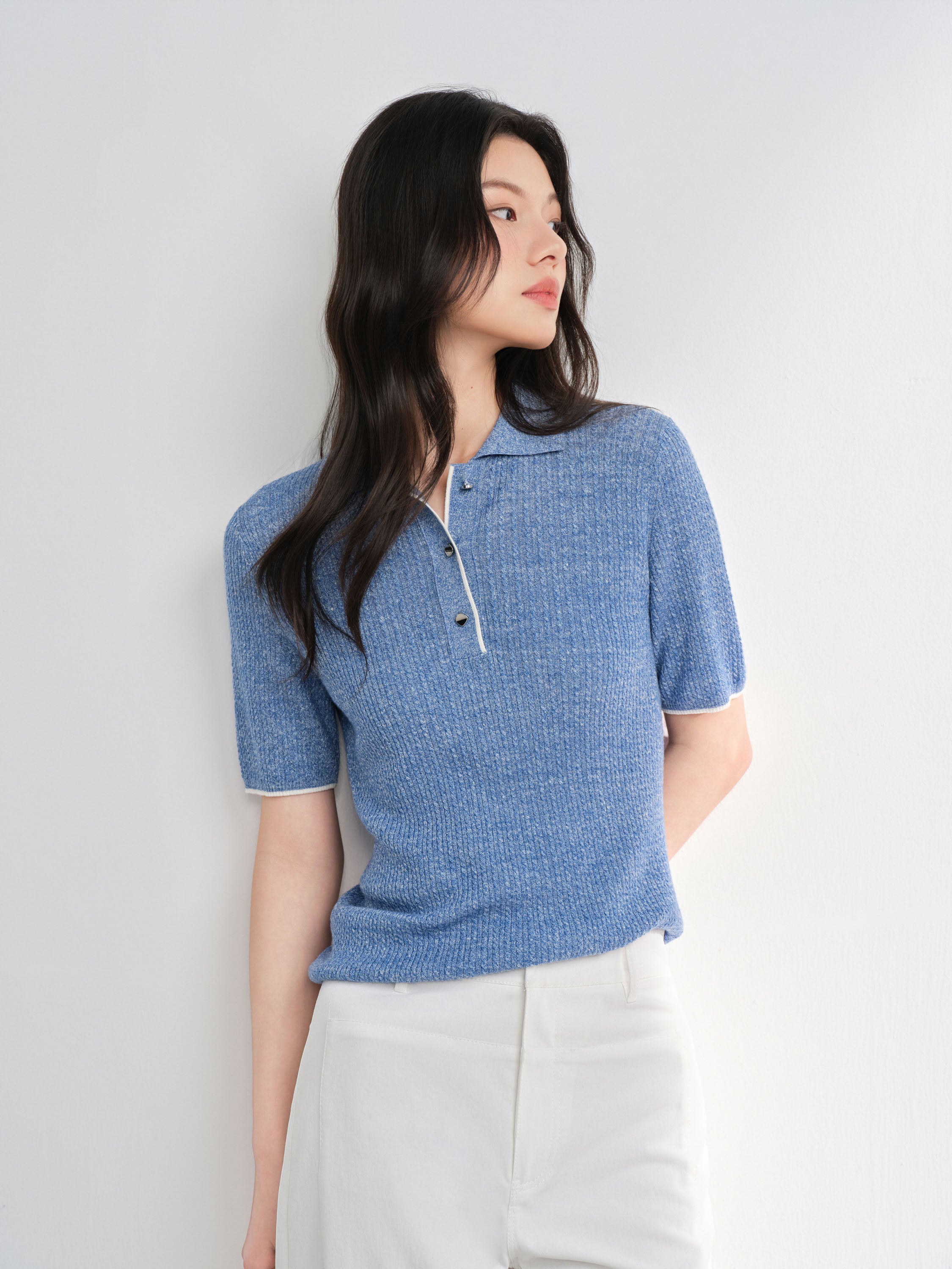 EP YAYING Linen Wool Blend Knit Polo Shirt
