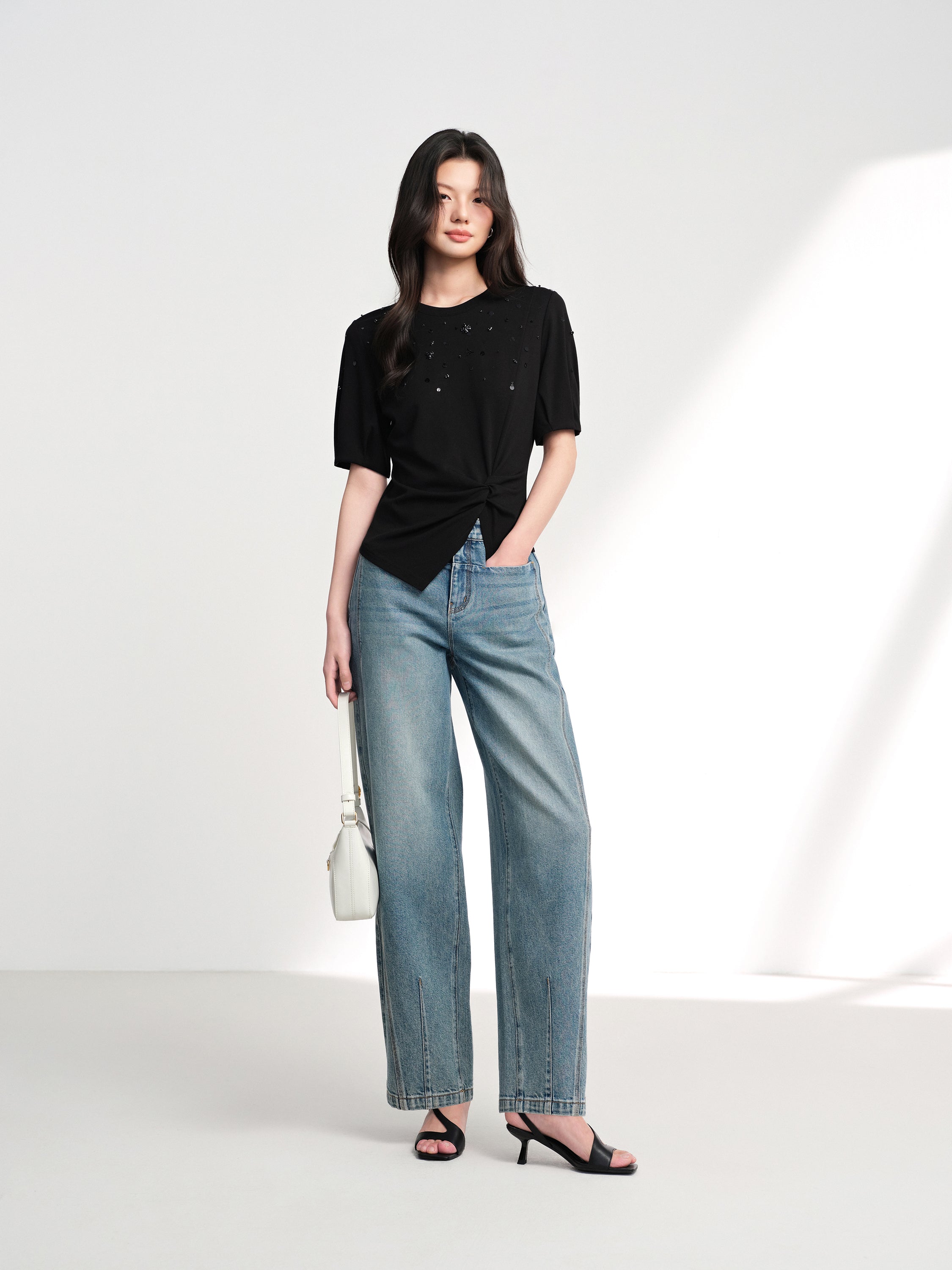 EP YAYING Vintage Stretch High-Waist Curved Wide-Leg Denim Pants