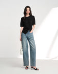 EP YAYING Vintage Stretch High-Waist Curved Wide-Leg Denim Pants