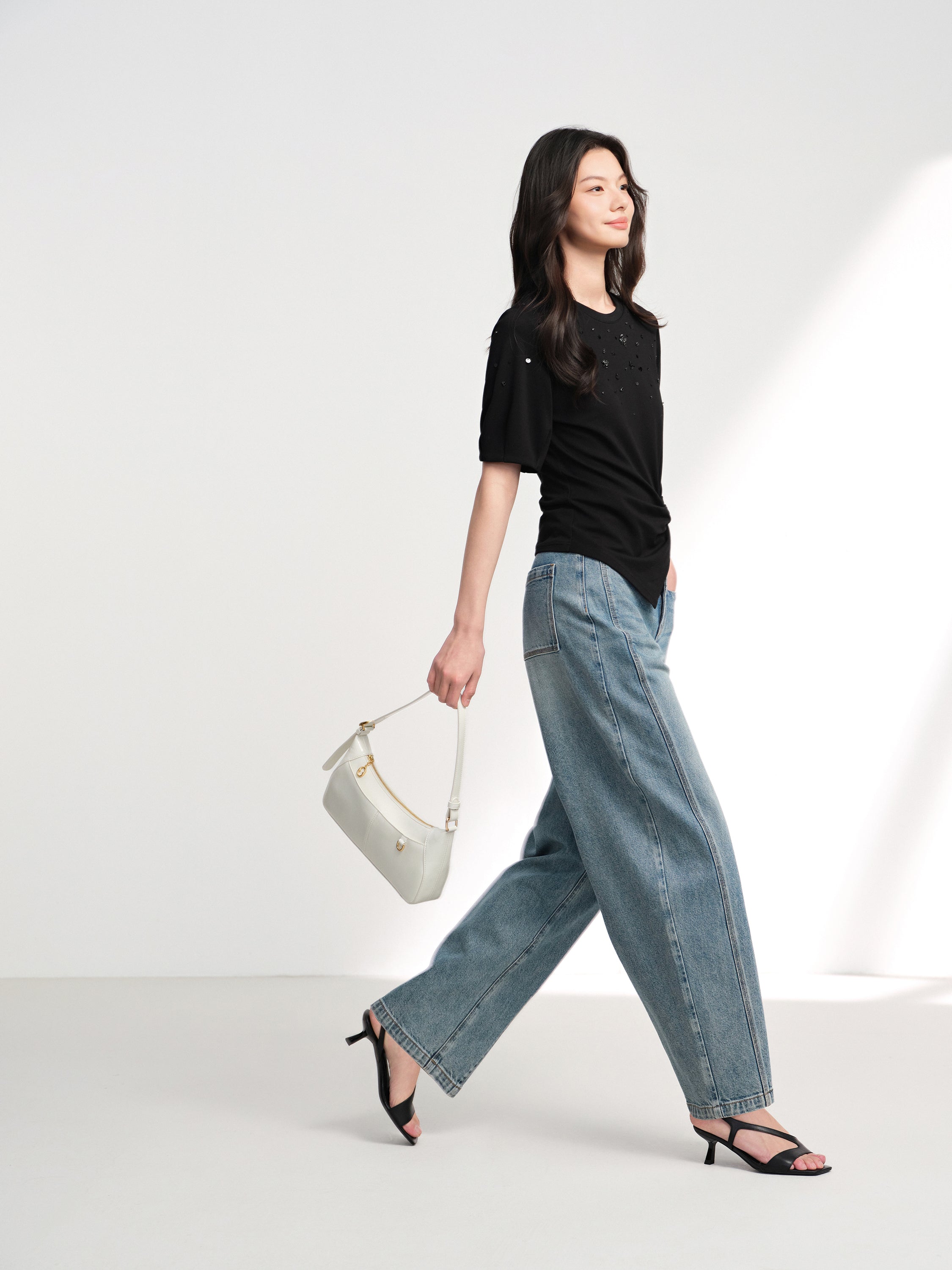 EP YAYING Vintage Stretch High-Waist Curved Wide-Leg Denim Pants