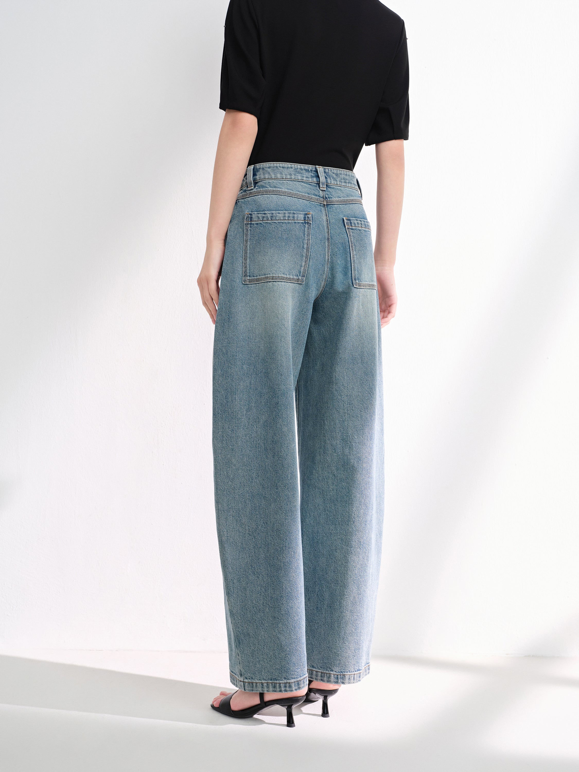 EP YAYING Vintage Stretch High-Waist Curved Wide-Leg Denim Pants