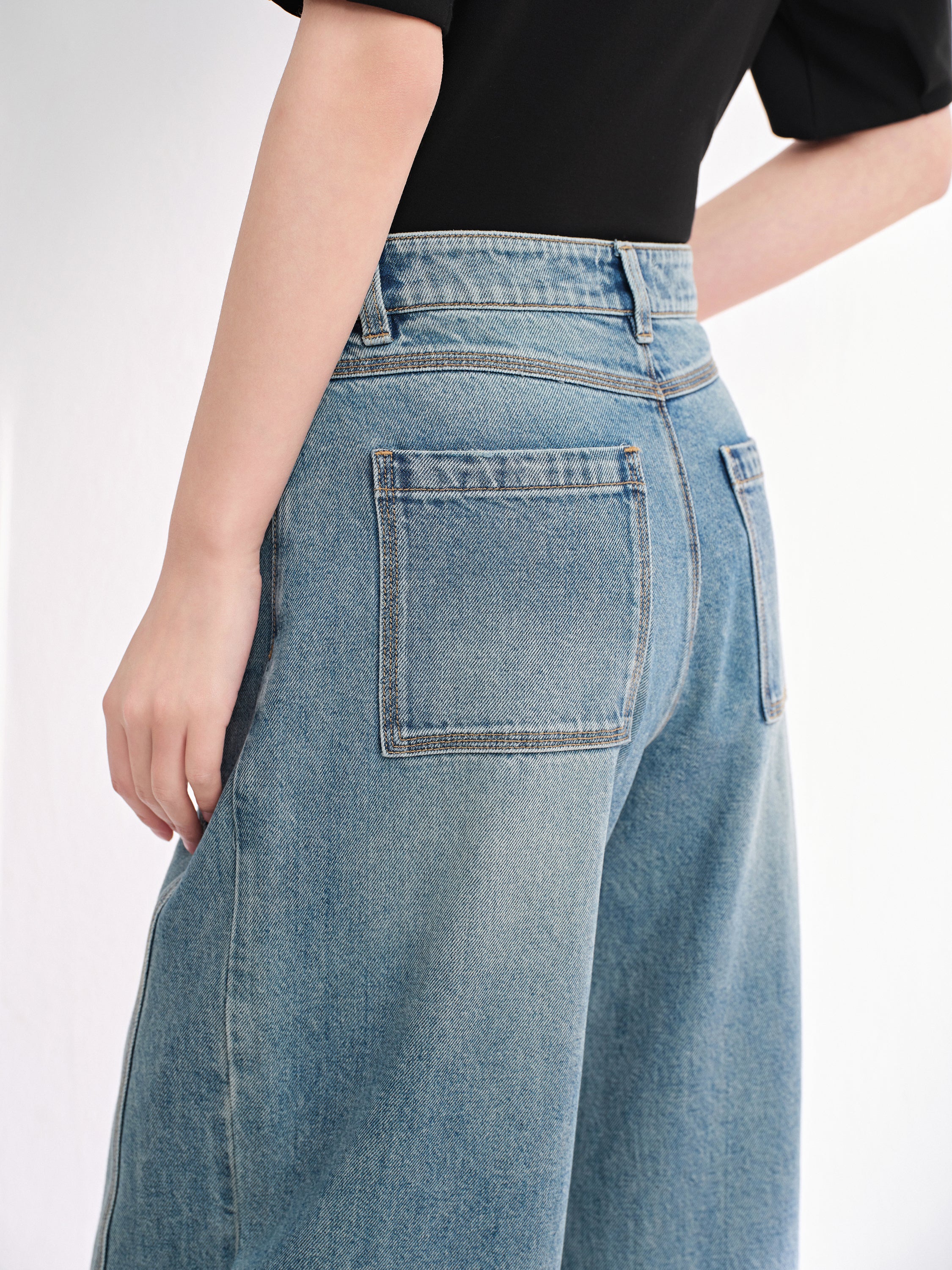 EP YAYING Vintage Stretch High-Waist Curved Wide-Leg Denim Pants