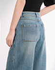 EP YAYING Vintage Stretch High-Waist Curved Wide-Leg Denim Pants