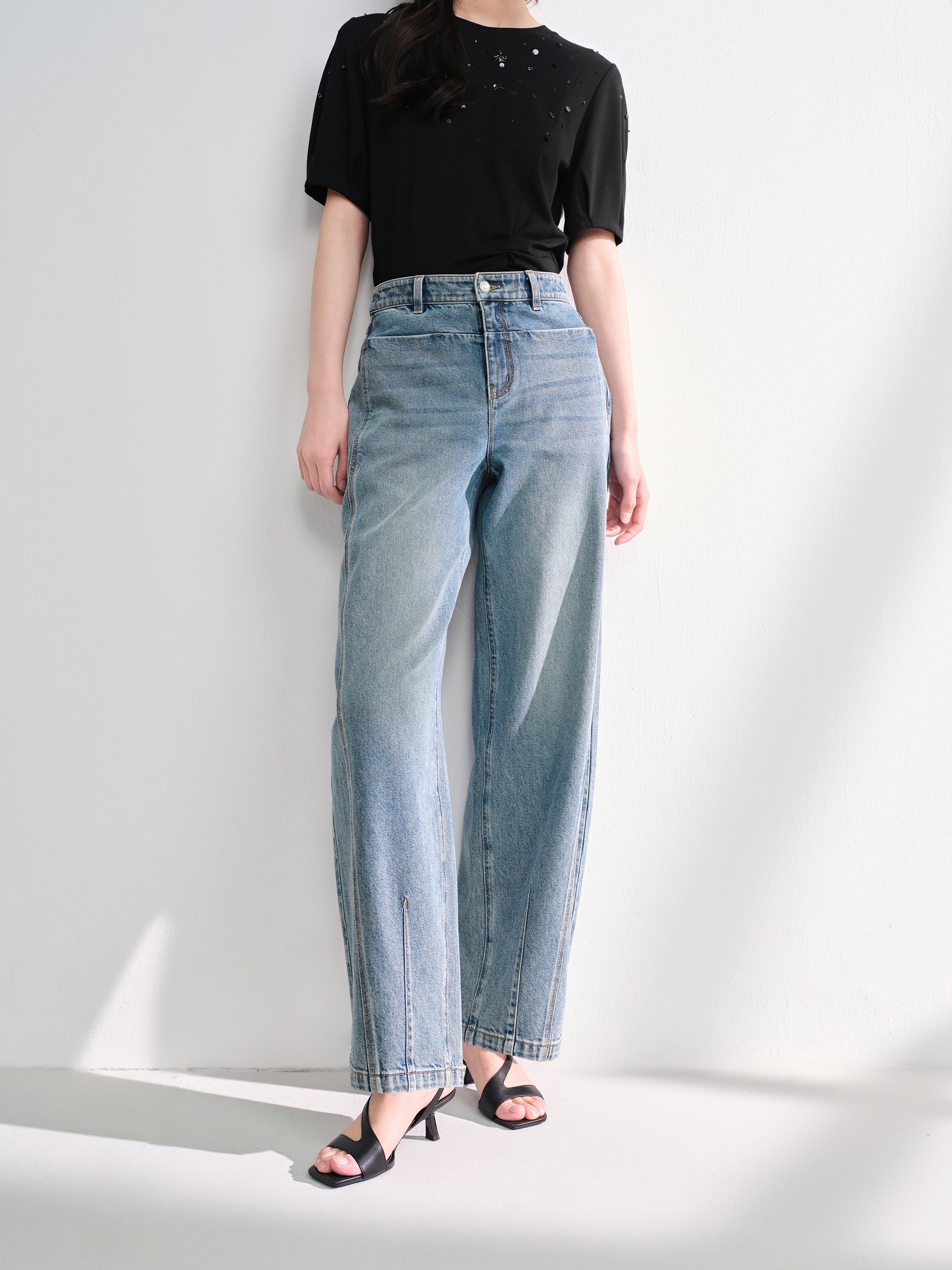 EP YAYING Vintage Stretch High-Waist Curved Wide-Leg Denim Pants