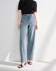 EP YAYING Vintage Stretch High-Waist Curved Wide-Leg Denim Pants