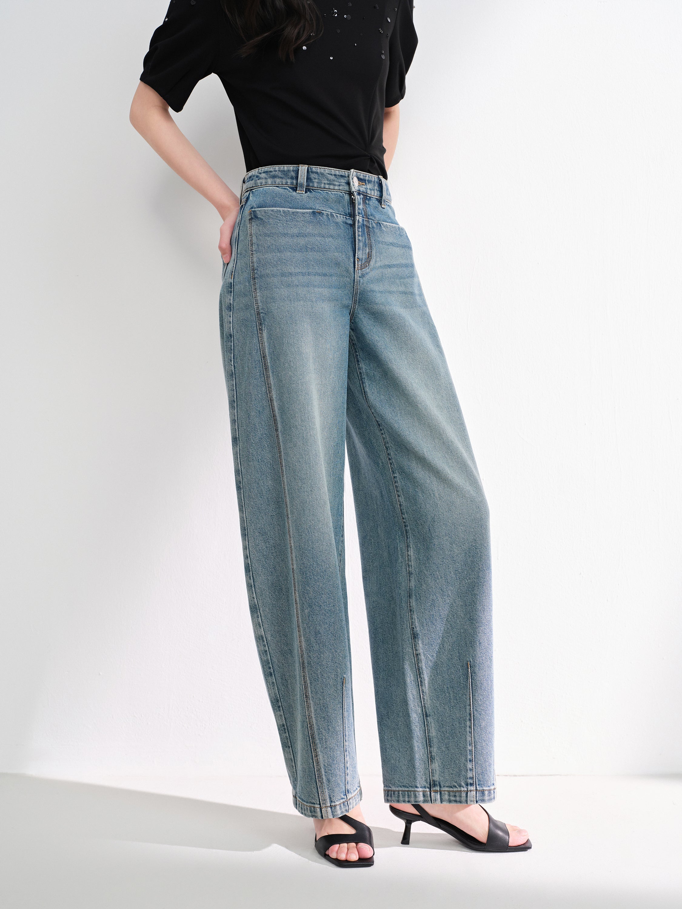 EP YAYING Vintage Stretch High-Waist Curved Wide-Leg Denim Pants