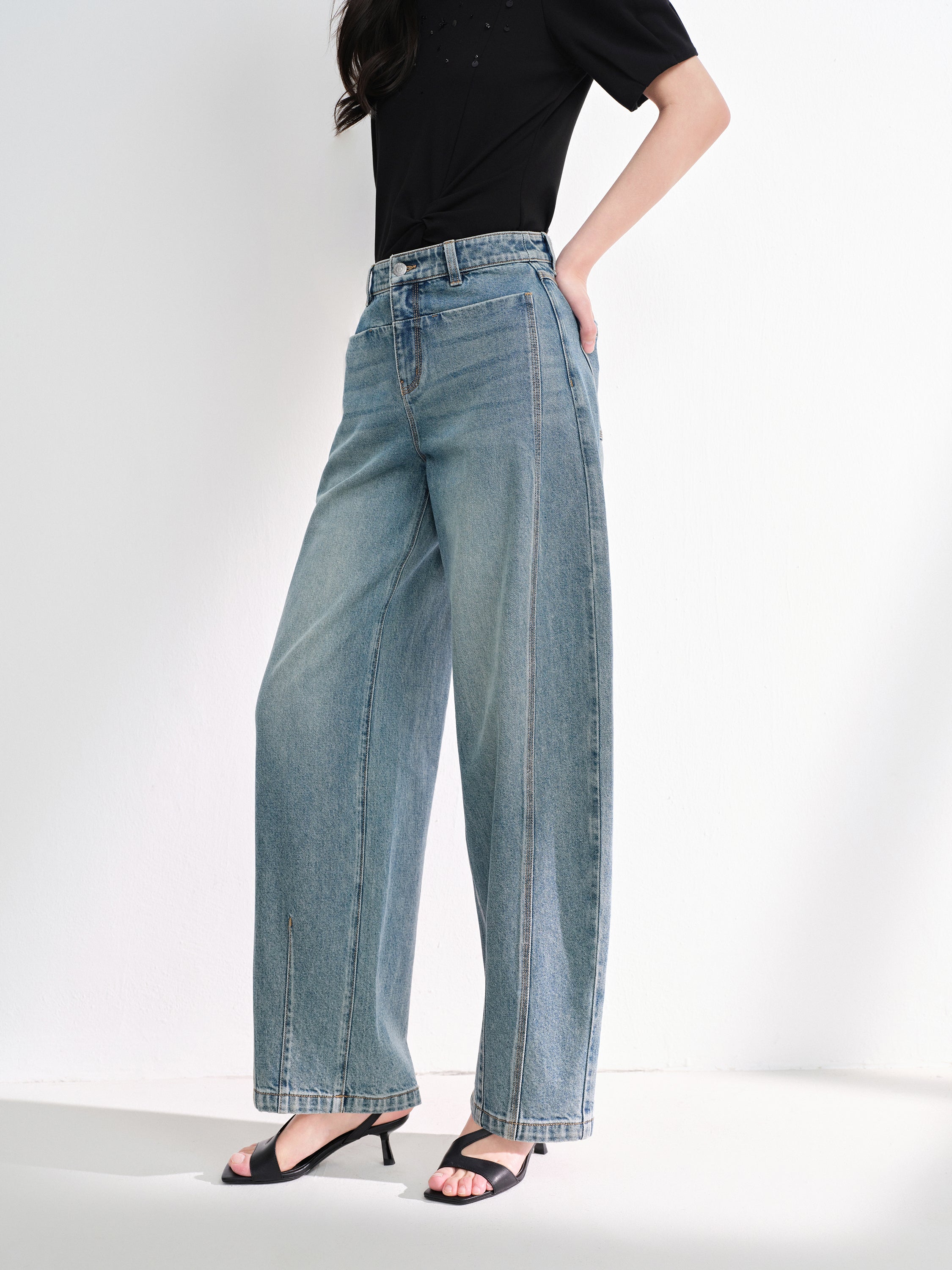 EP YAYING Vintage Stretch High-Waist Curved Wide-Leg Denim Pants