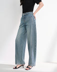EP YAYING Vintage Stretch High-Waist Curved Wide-Leg Denim Pants