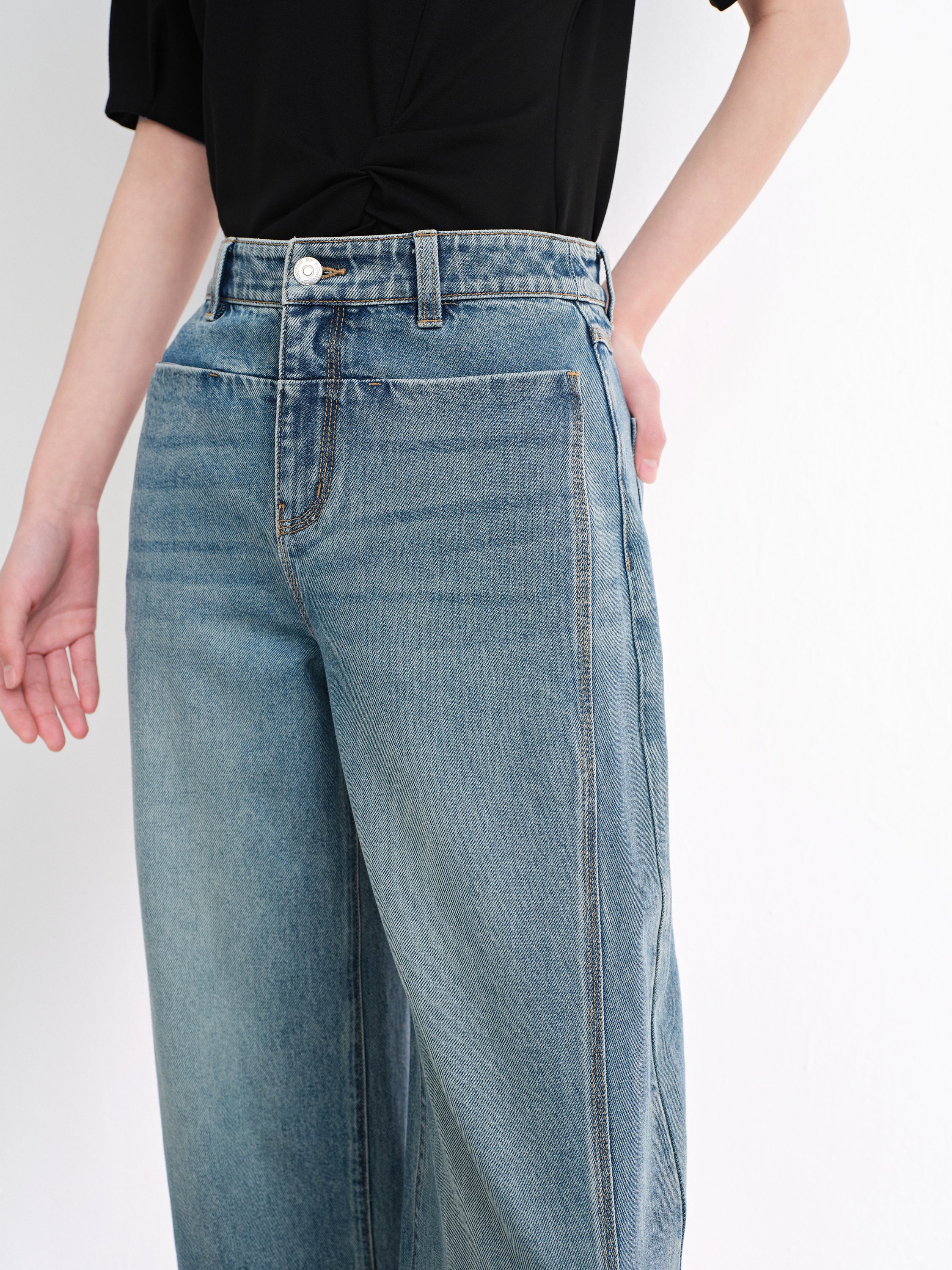 EP YAYING Vintage Stretch High-Waist Curved Wide-Leg Denim Pants