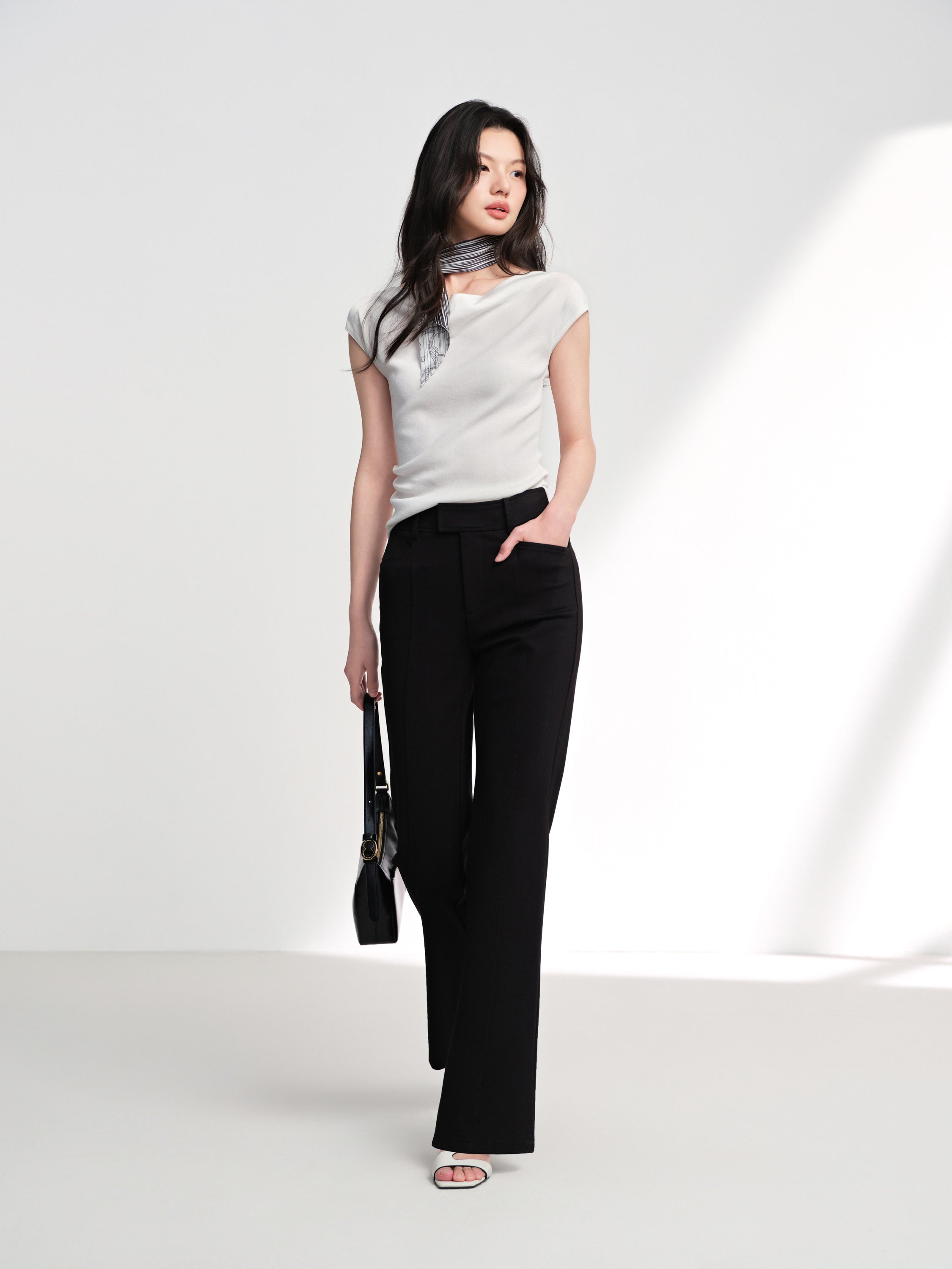 EP YAYING Double-Faced Knit High-Waisted Flared Pants