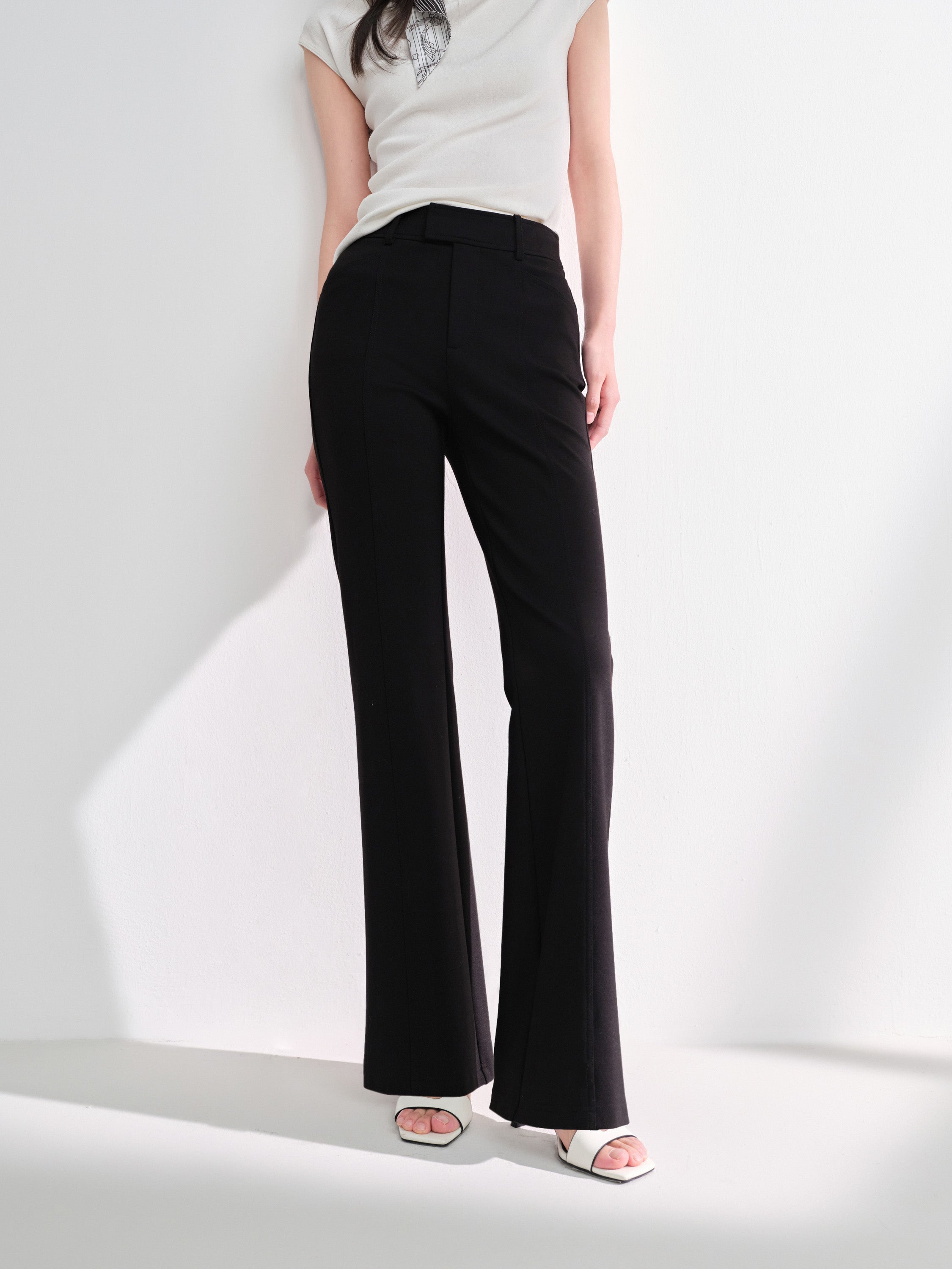 EP YAYING Double-Faced Knit High-Waisted Flared Pants
