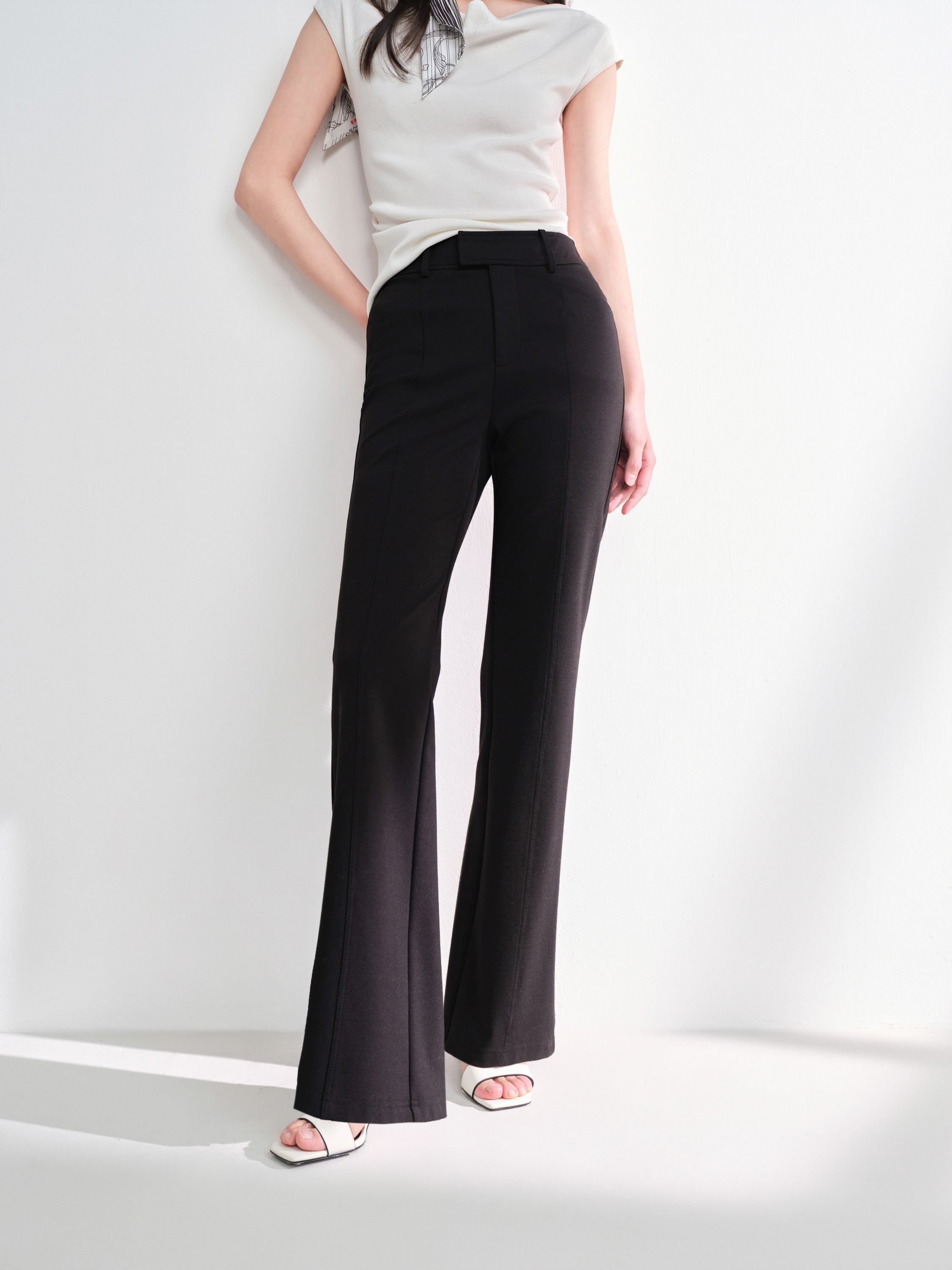 EP YAYING Double-Faced Knit High-Waisted Flared Pants