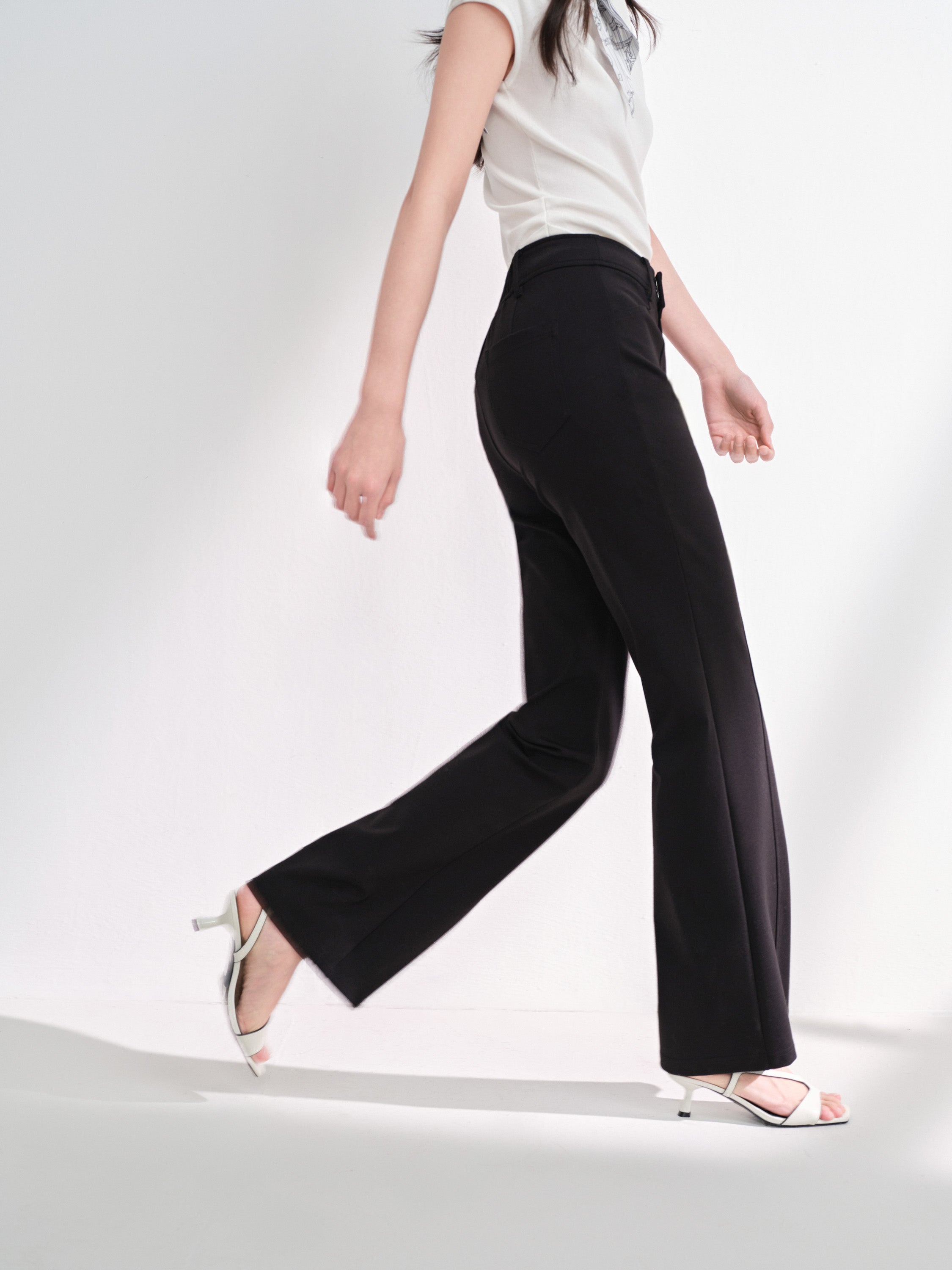 EP YAYING Double-Faced Knit High-Waisted Flared Pants