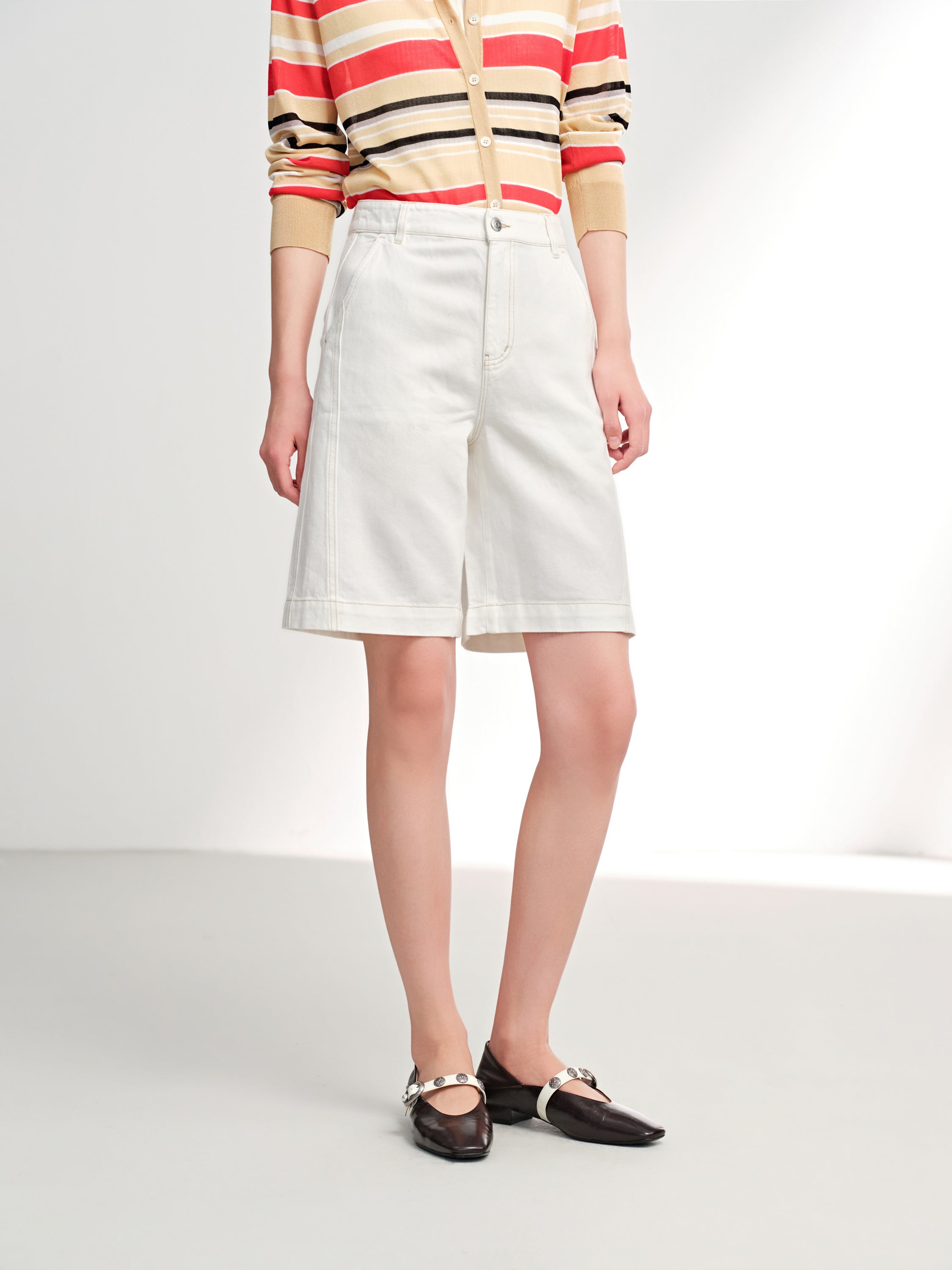 EP YAYING Tencel Linen High-Waist Wide-Leg Denim Shorts