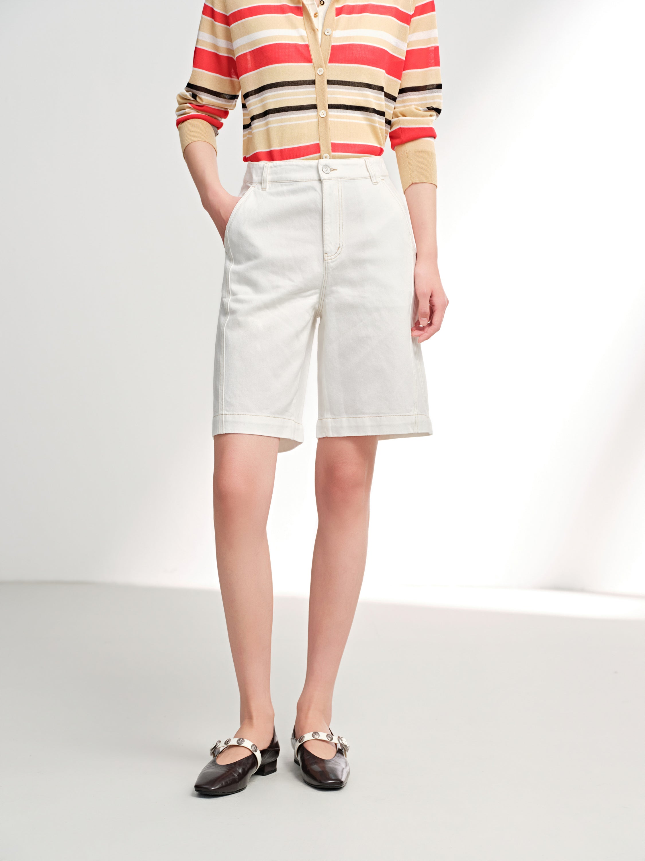 EP YAYING Tencel Linen High-Waist Wide-Leg Denim Shorts