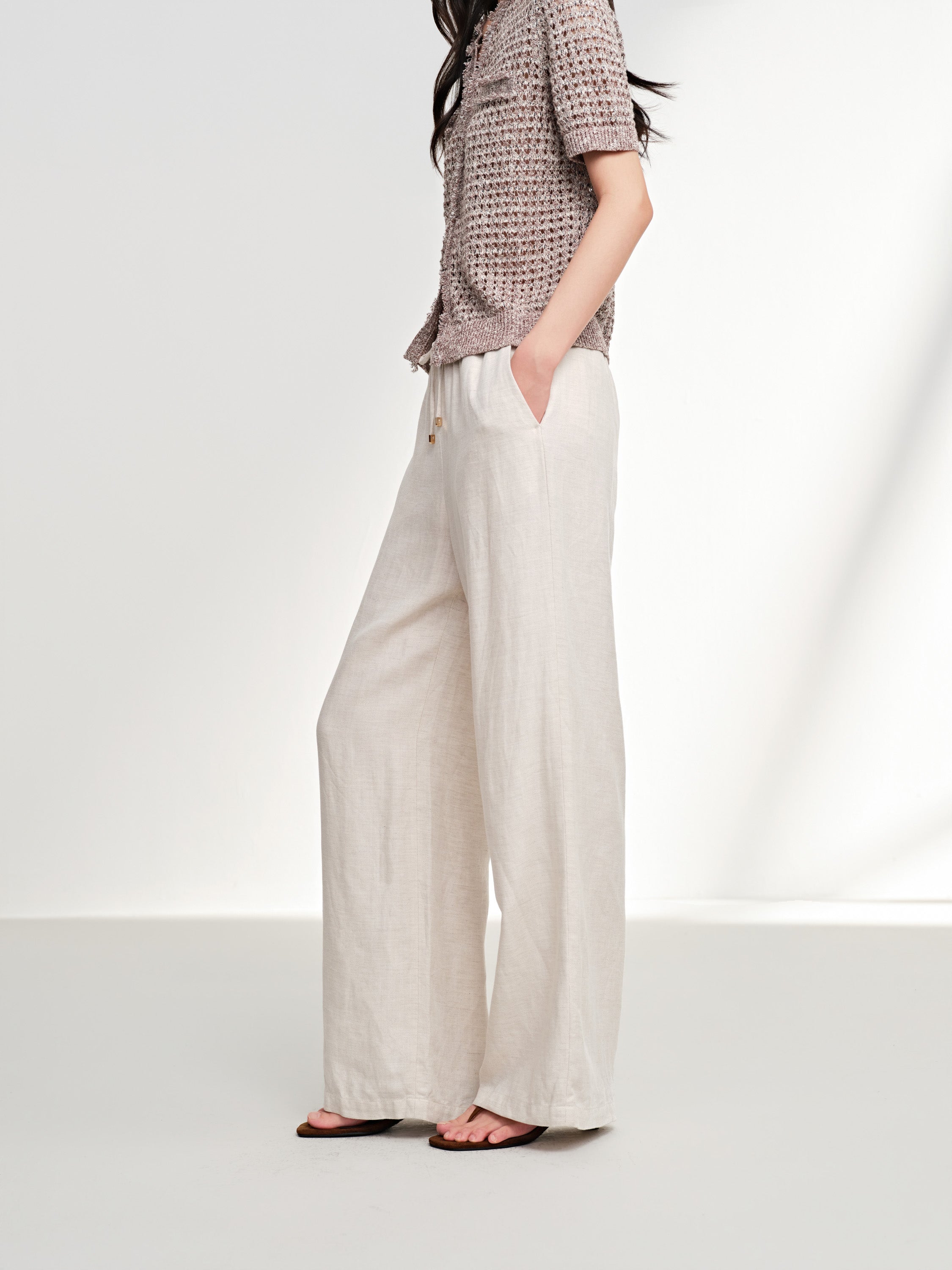 EP YAYING Linen Drawstring Straight Pants
