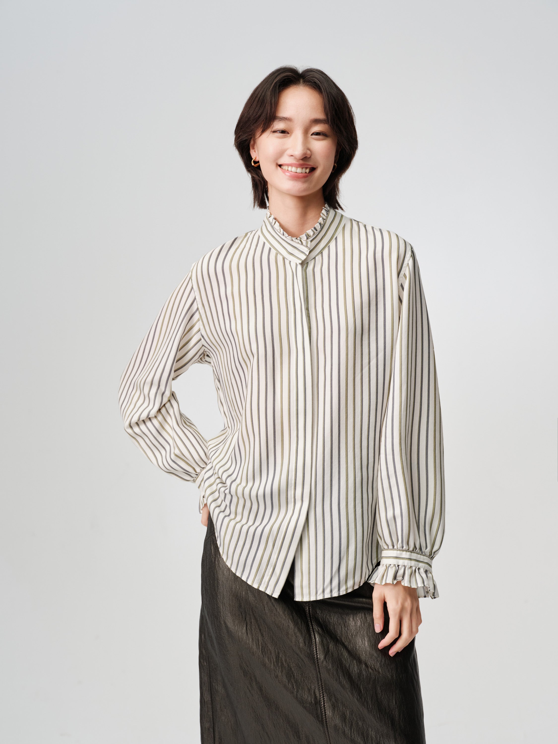 EP YAYING Green Stripe Ruffle Collar Blouse