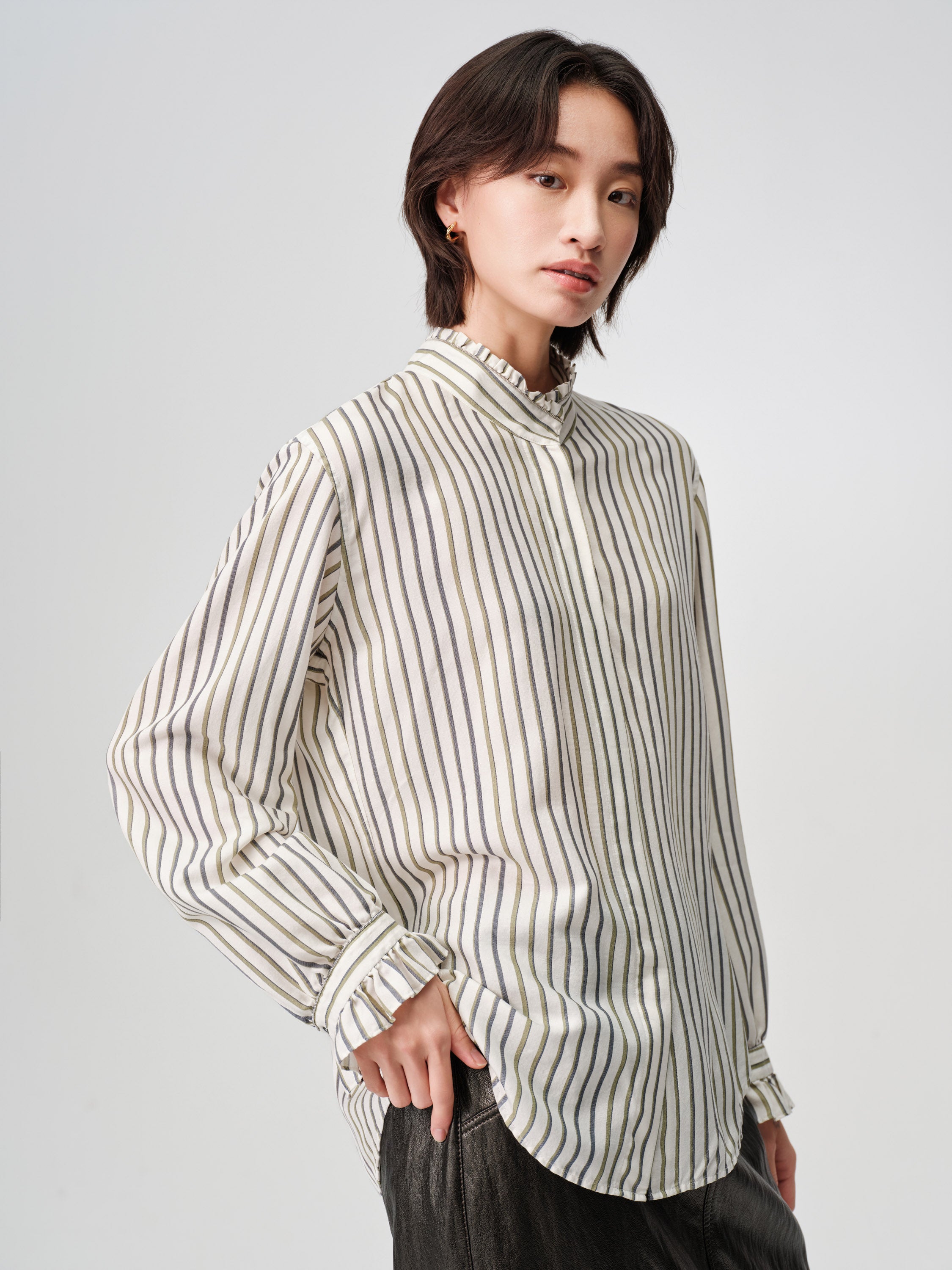EP YAYING Green Stripe Ruffle Collar Blouse