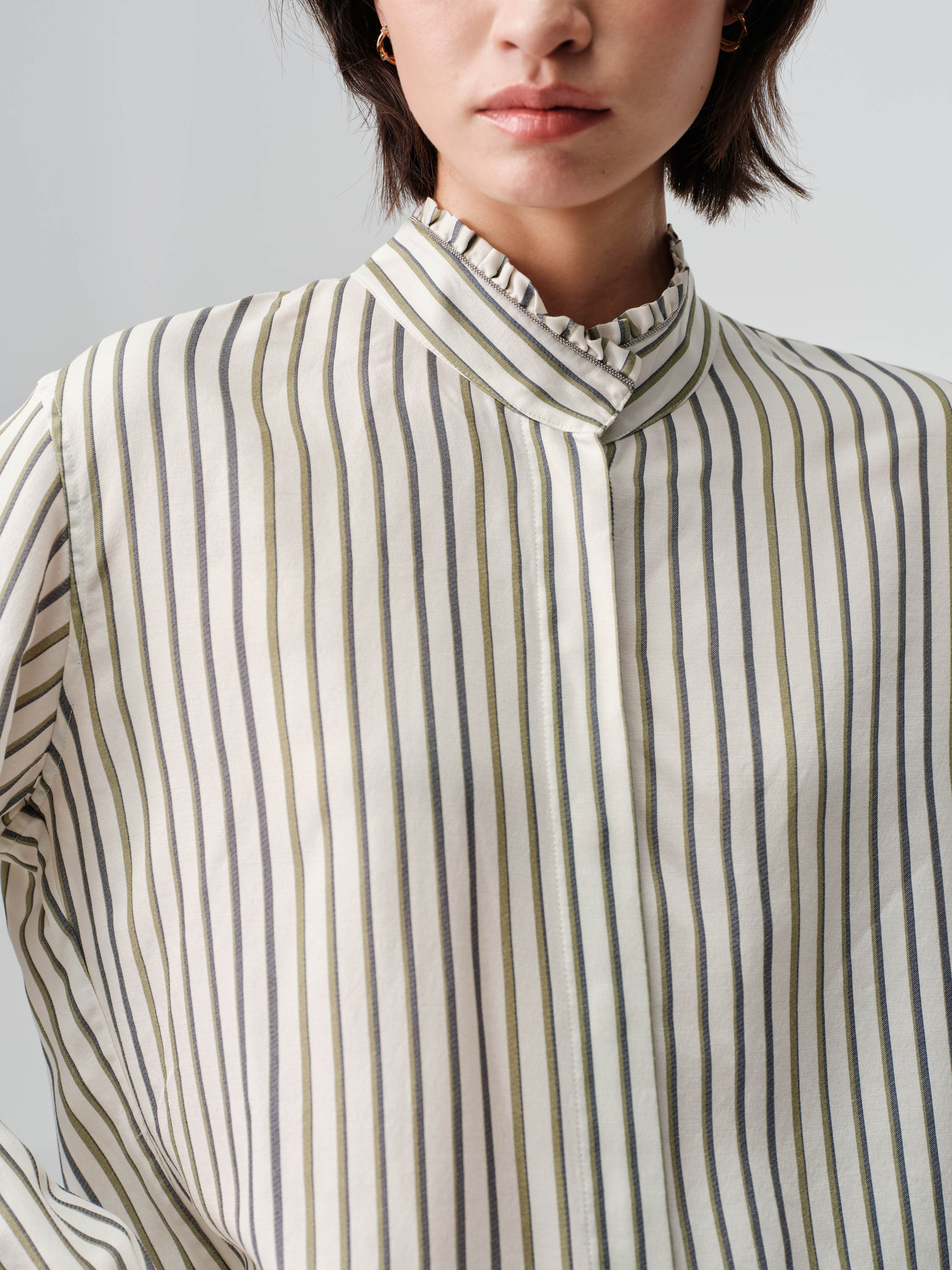 EP YAYING Green Stripe Ruffle Collar Blouse
