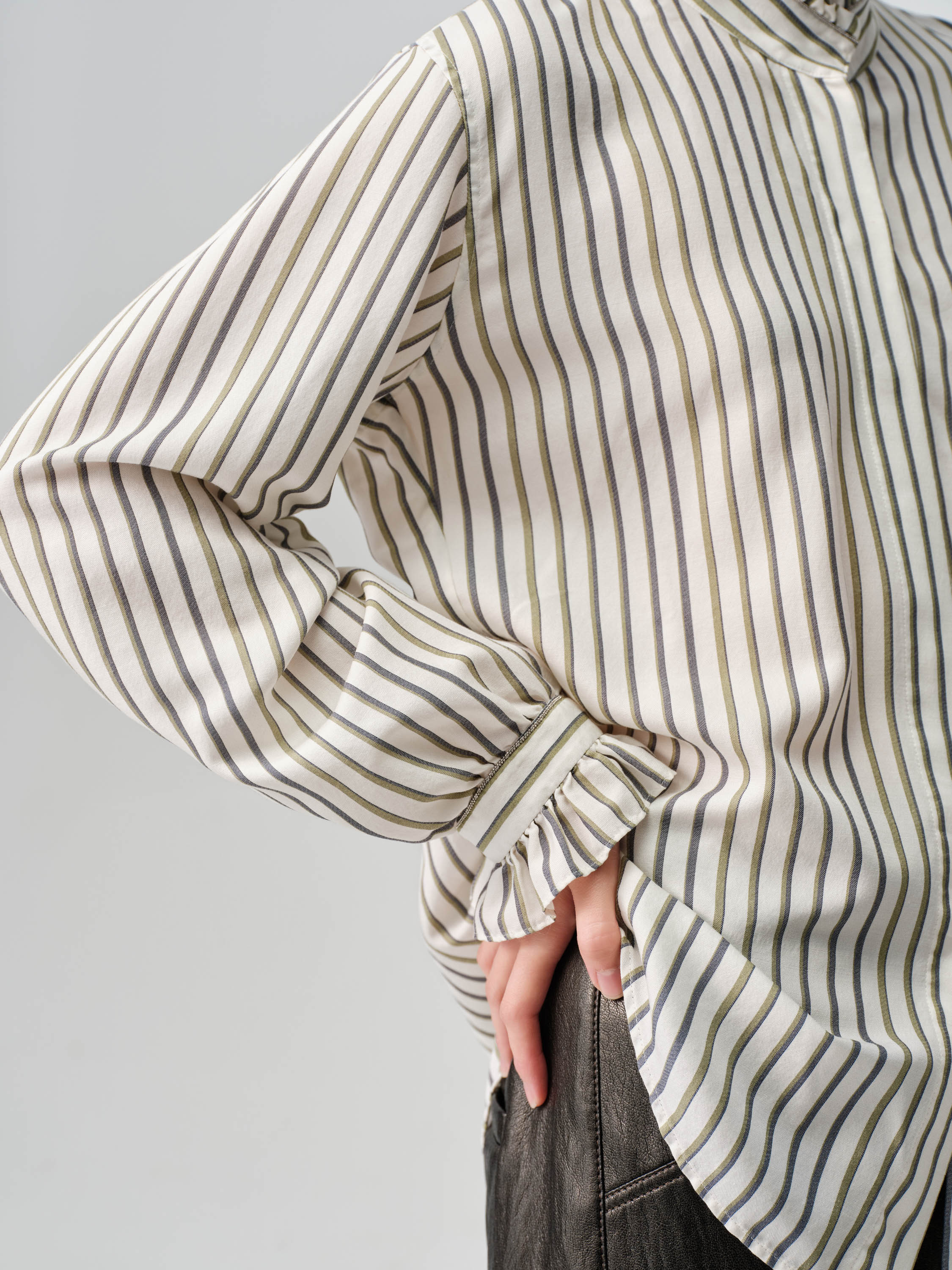 EP YAYING Green Stripe Ruffle Collar Blouse