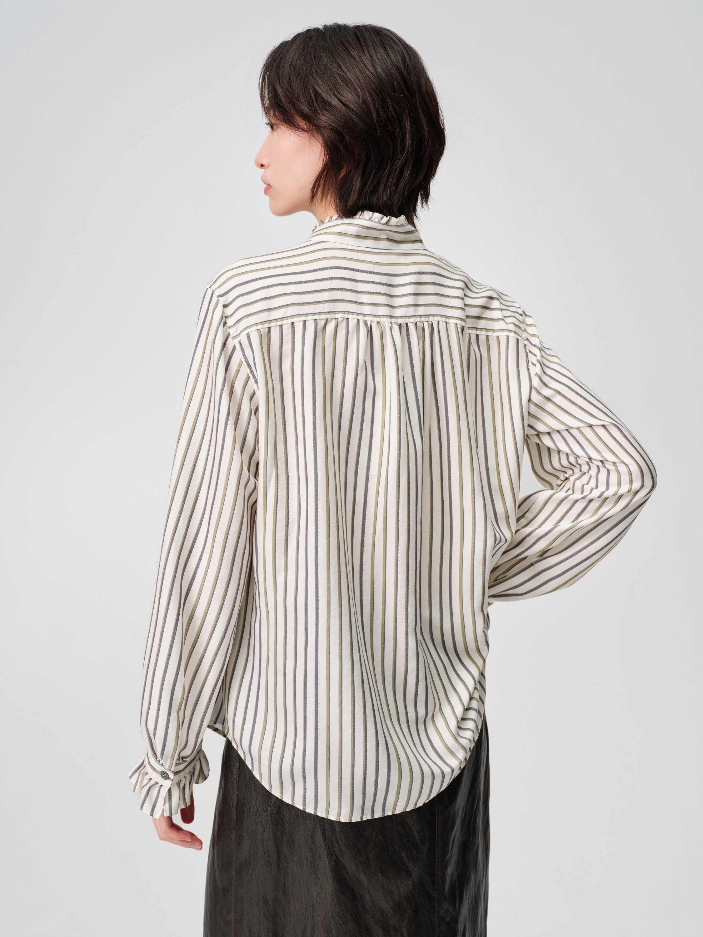 EP YAYING Green Stripe Ruffle Collar Blouse