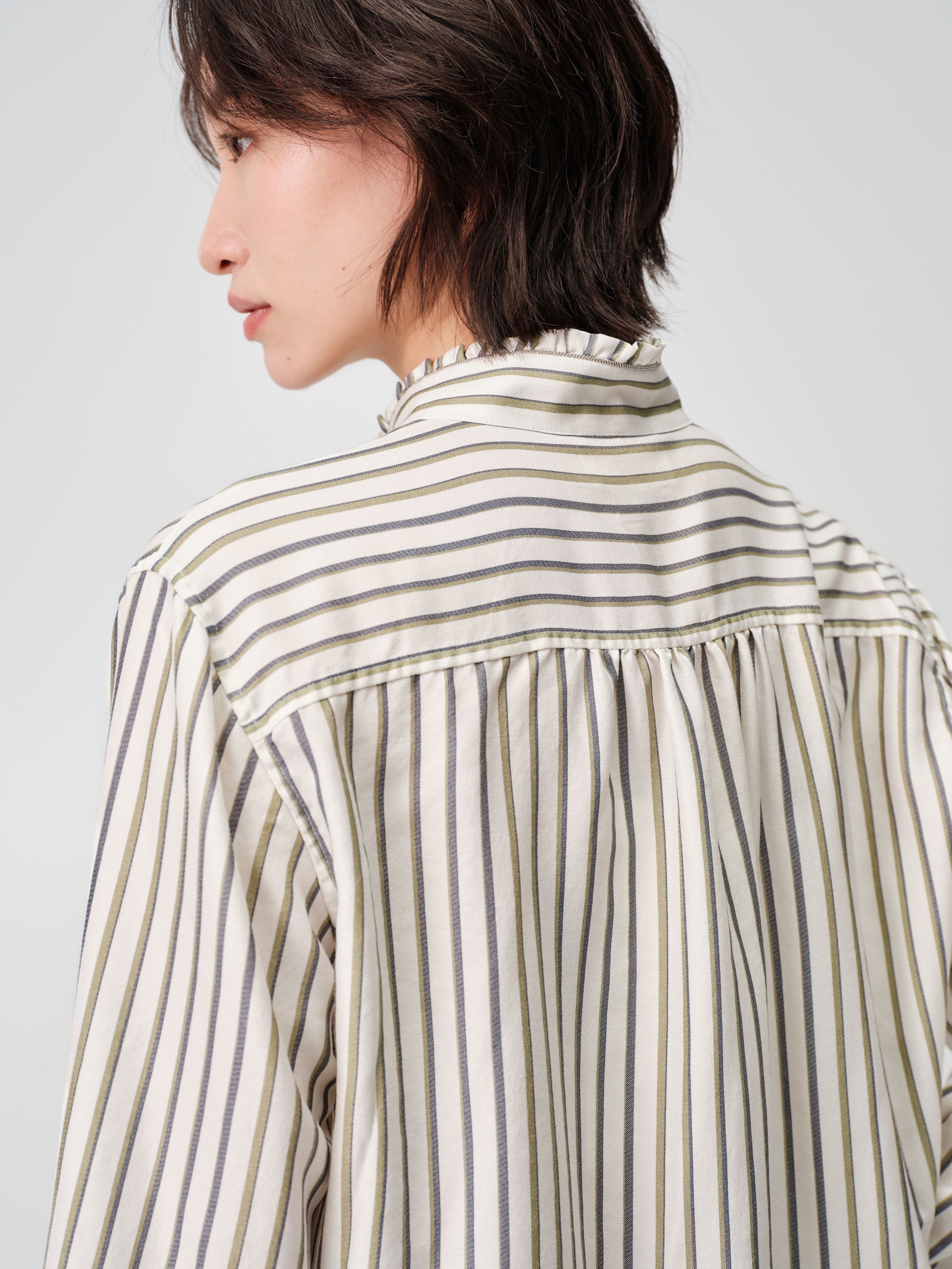 EP YAYING Green Stripe Ruffle Collar Blouse