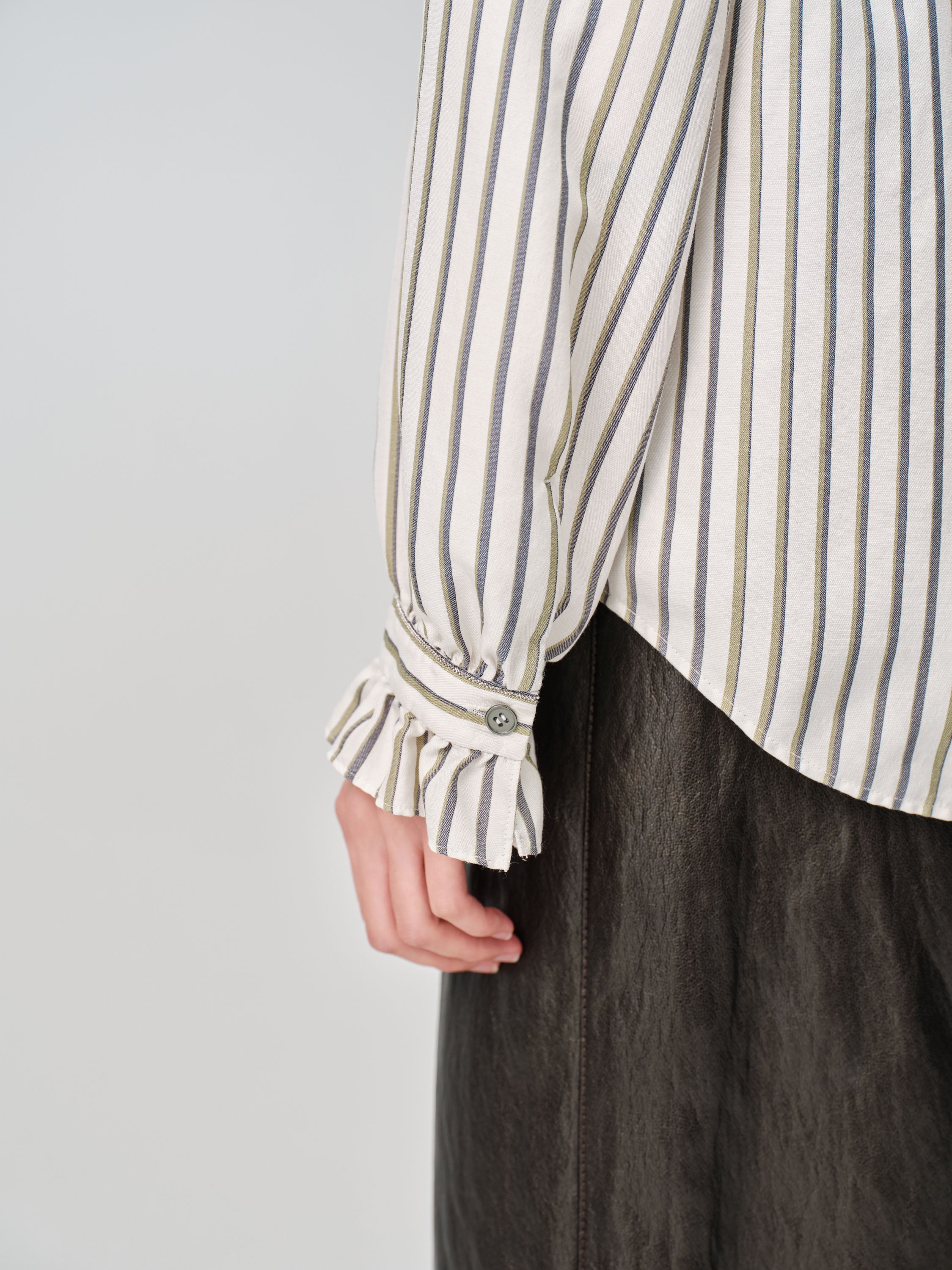 EP YAYING Green Stripe Ruffle Collar Blouse