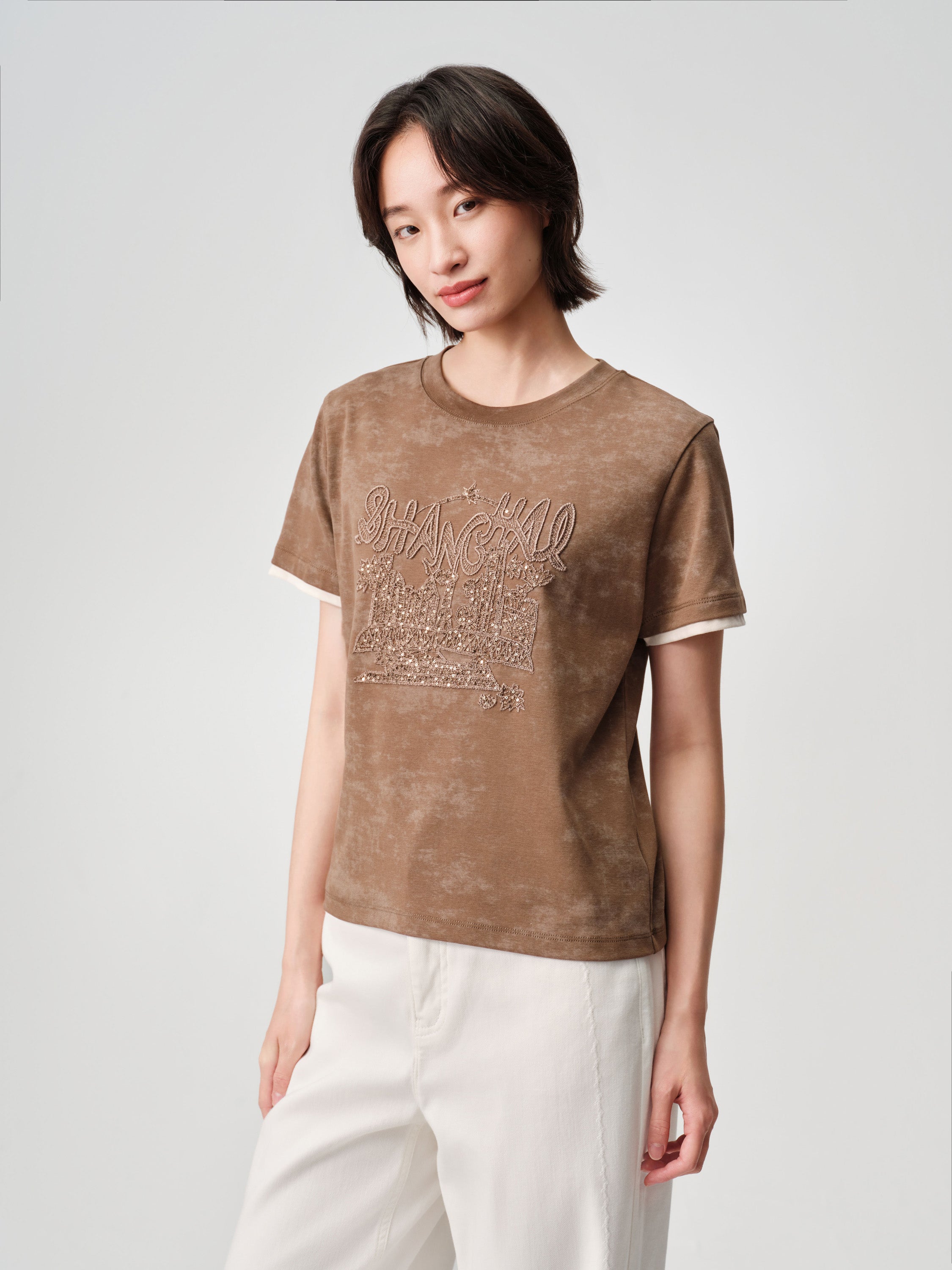 Baked Dye Stretch Cotton Embroidered Gradient Color-Block Short Sleeve Top
