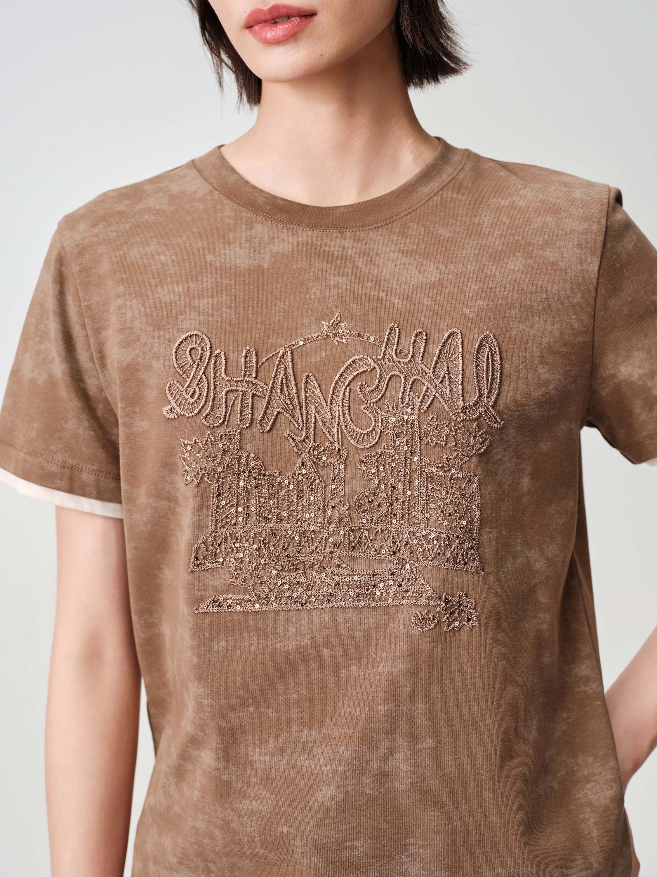 Baked Dye Stretch Cotton Embroidered Gradient Color-Block Short Sleeve Top