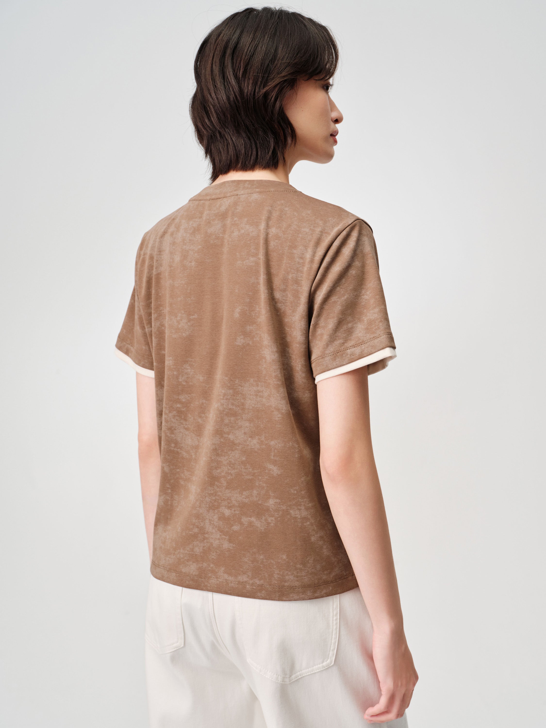 Baked Dye Stretch Cotton Embroidered Gradient Color-Block Short Sleeve Top