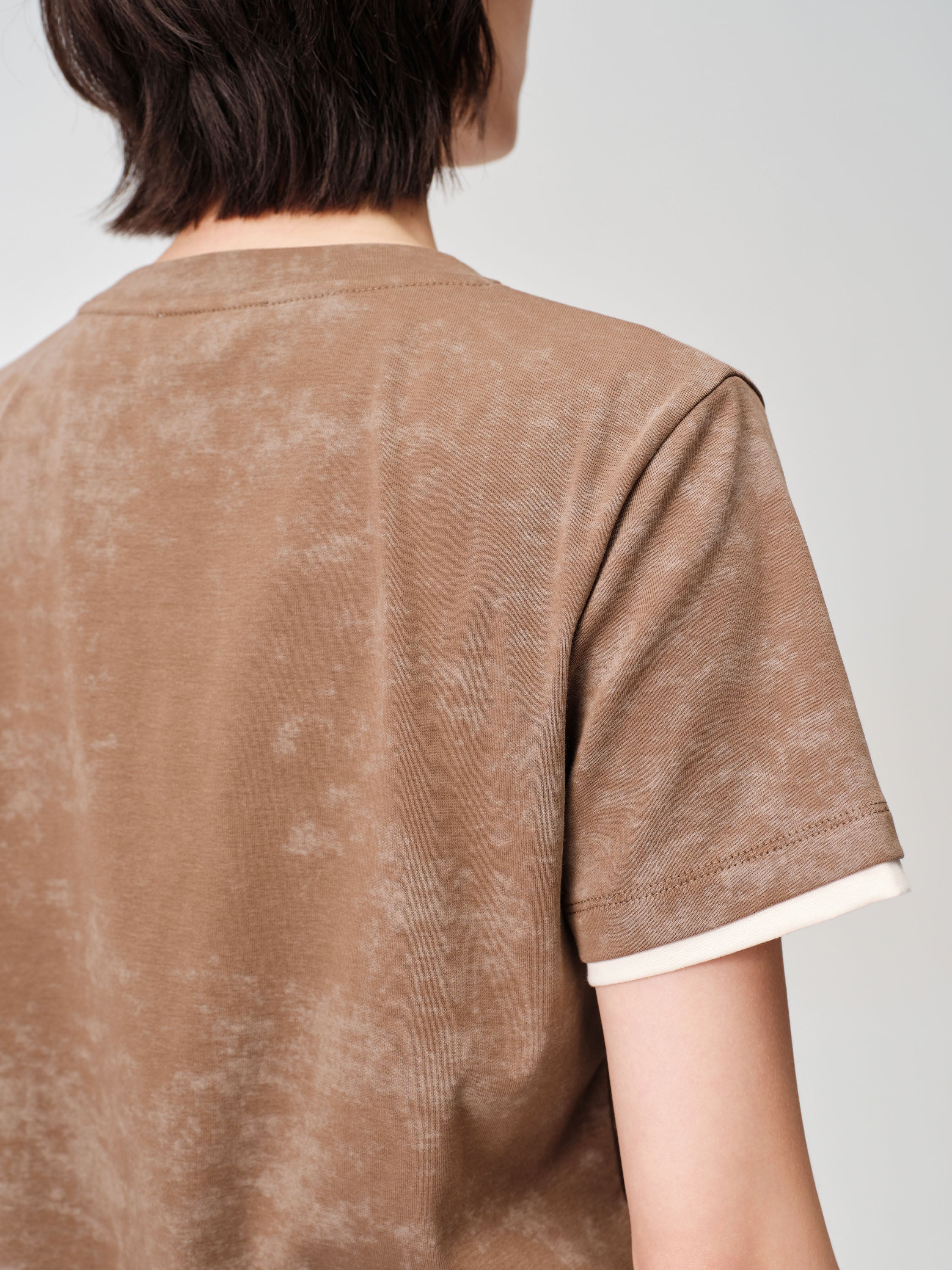 Baked Dye Stretch Cotton Embroidered Gradient Color-Block Short Sleeve Top