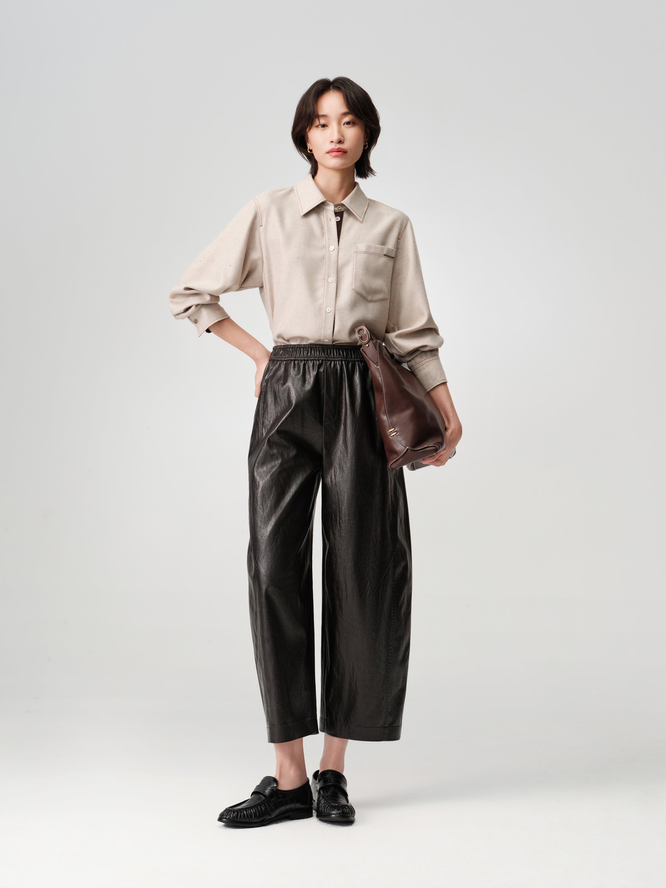 EP YAYING Dark Brown PU Leather Curved Cropped Trousers