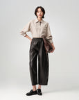 EP YAYING Dark Brown PU Leather Curved Cropped Trousers