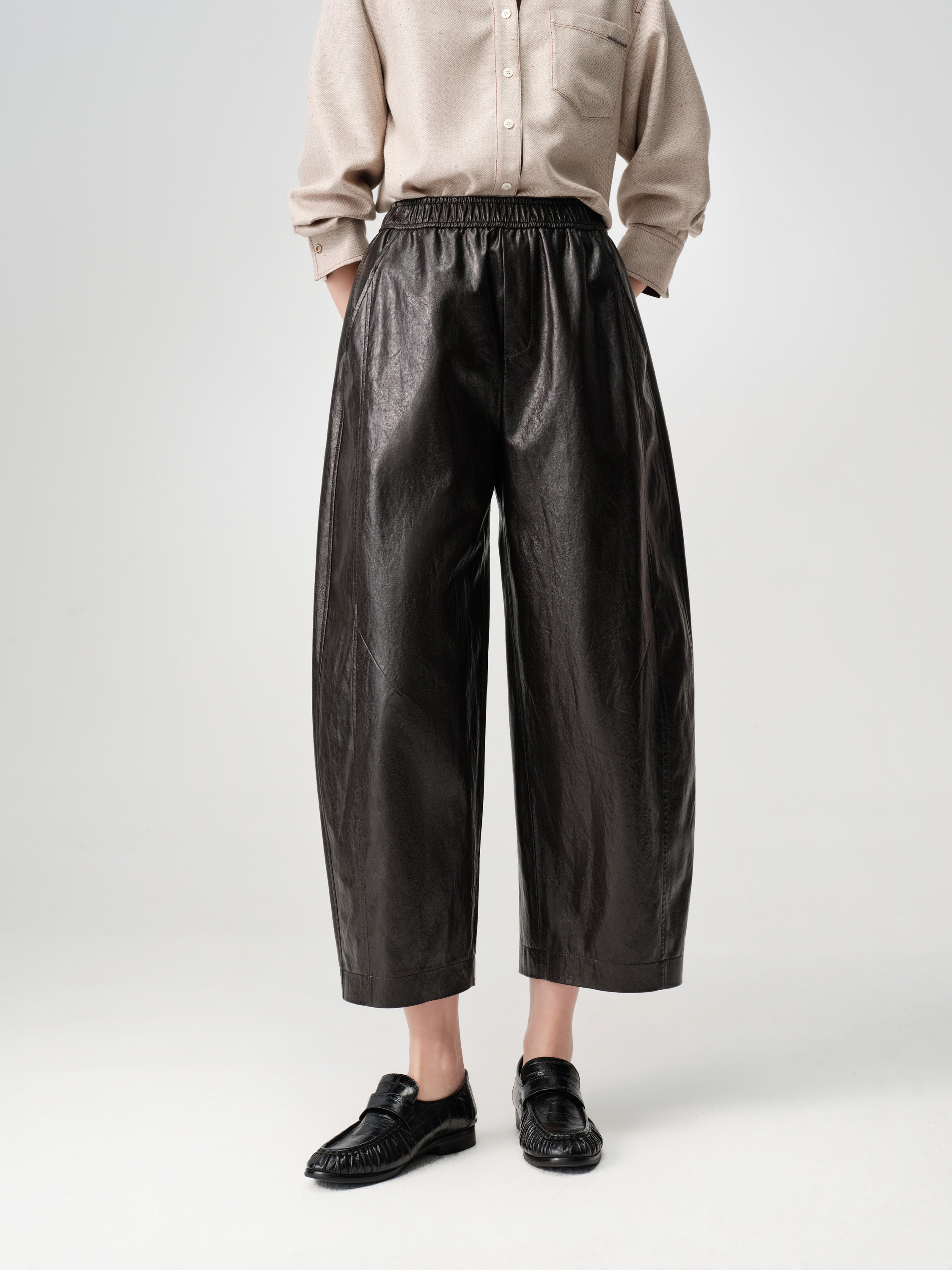 EP YAYING Dark Brown PU Leather Curved Cropped Trousers