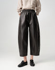 EP YAYING Dark Brown PU Leather Curved Cropped Trousers
