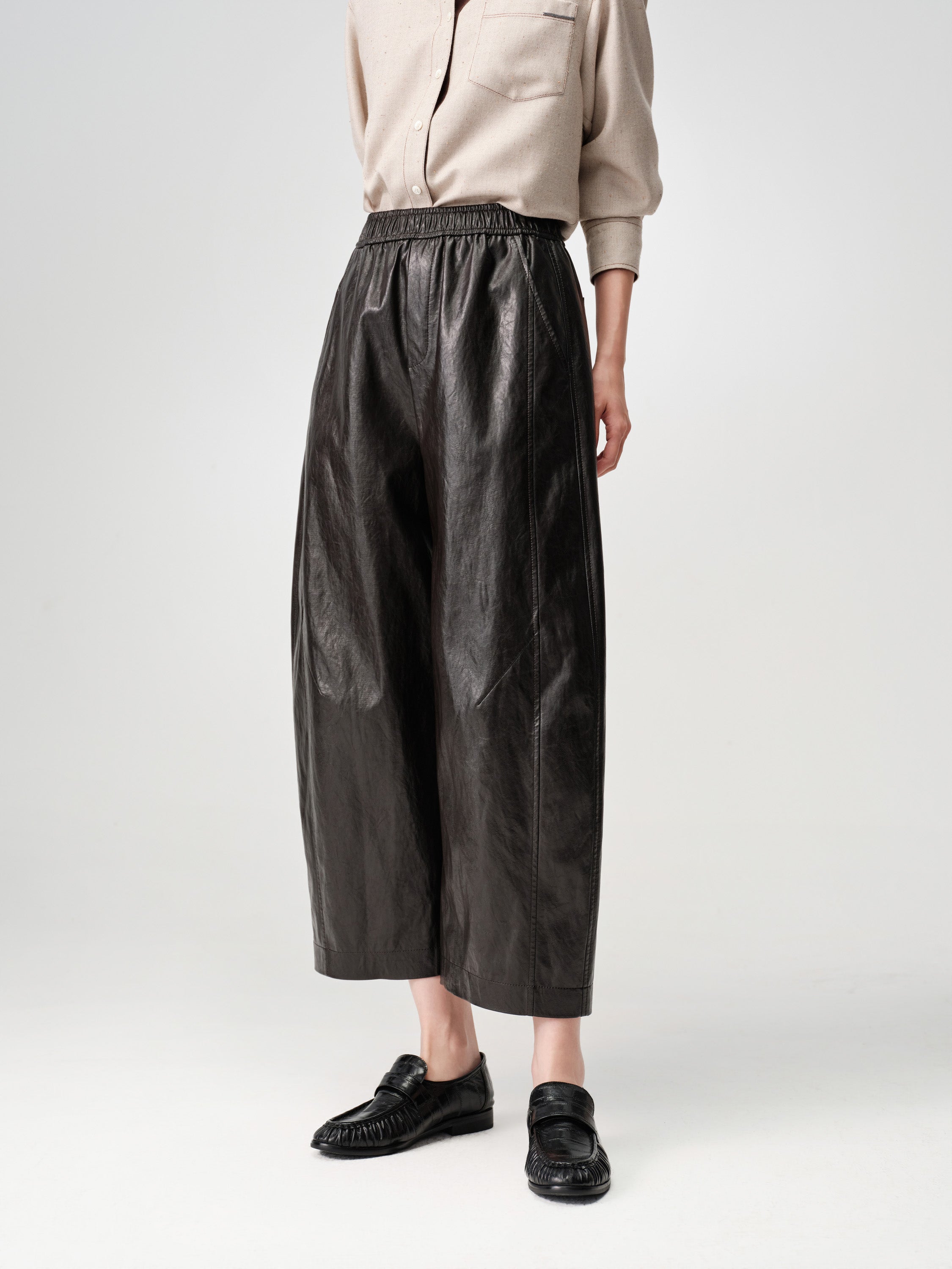 EP YAYING Dark Brown PU Leather Curved Cropped Trousers