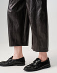 EP YAYING Dark Brown PU Leather Curved Cropped Trousers