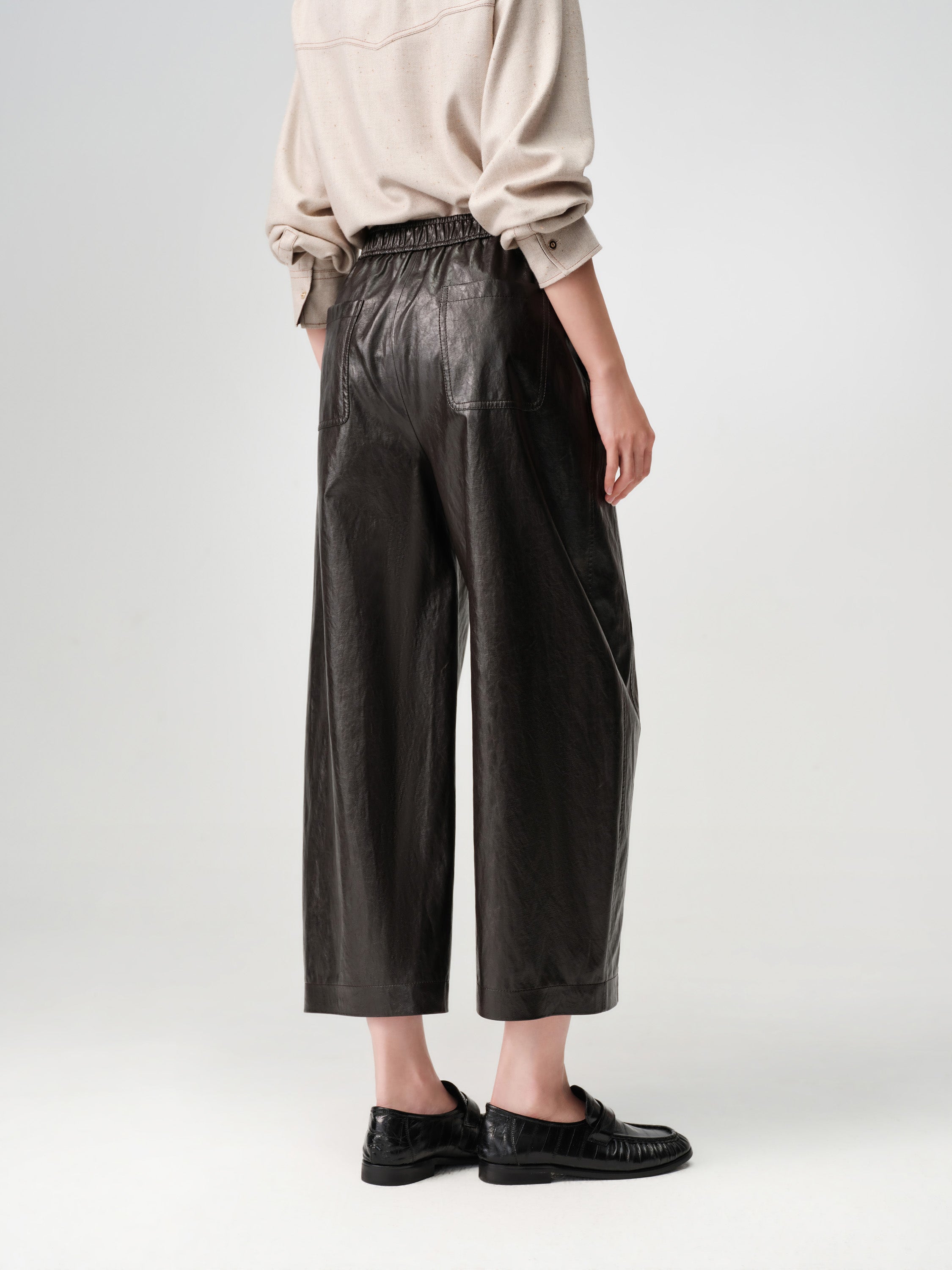 EP YAYING Dark Brown PU Leather Curved Cropped Trousers