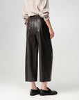EP YAYING Dark Brown PU Leather Curved Cropped Trousers