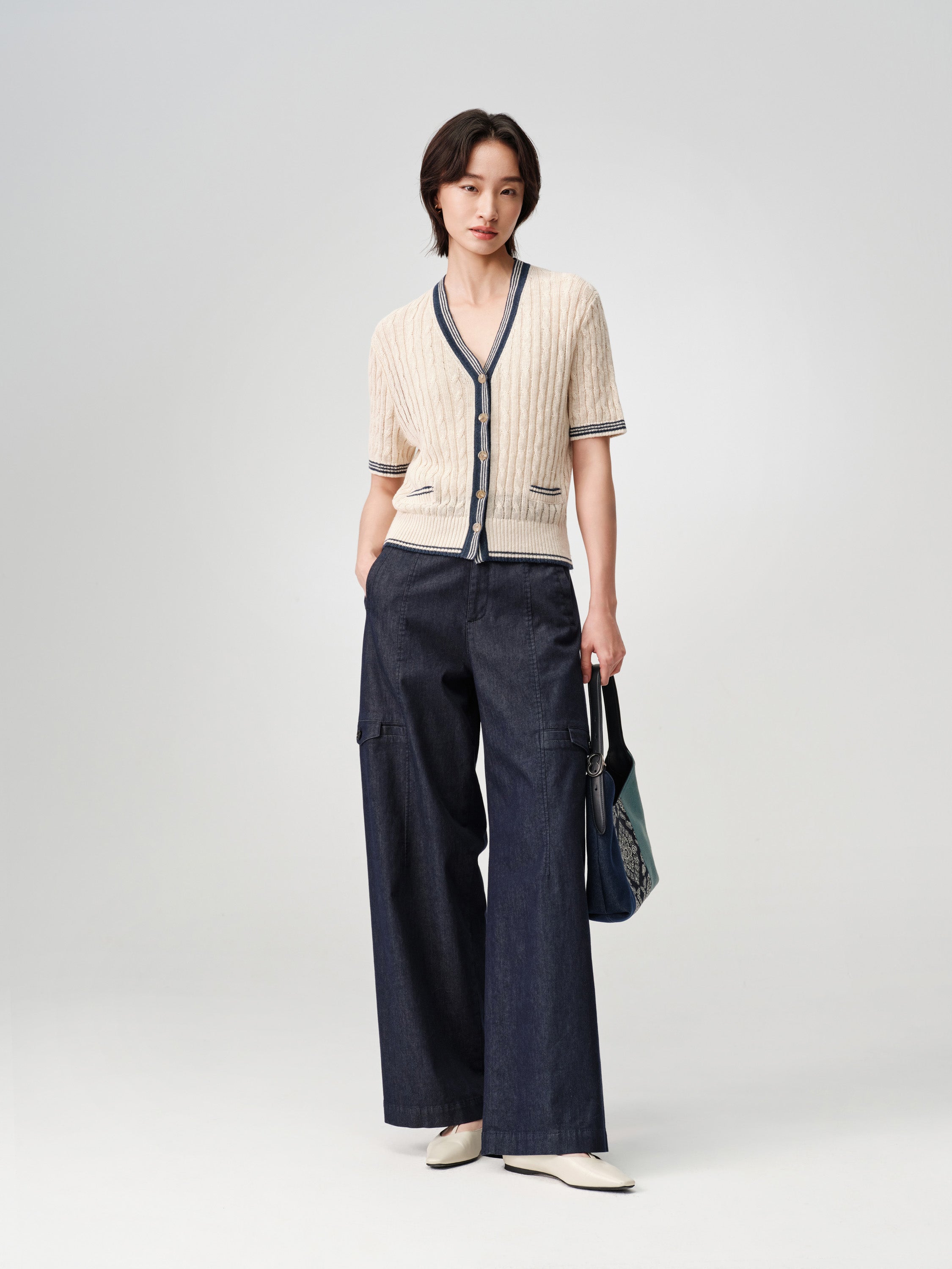 EP YAYING Elegant Linen Contrast V-Neck Cardigan